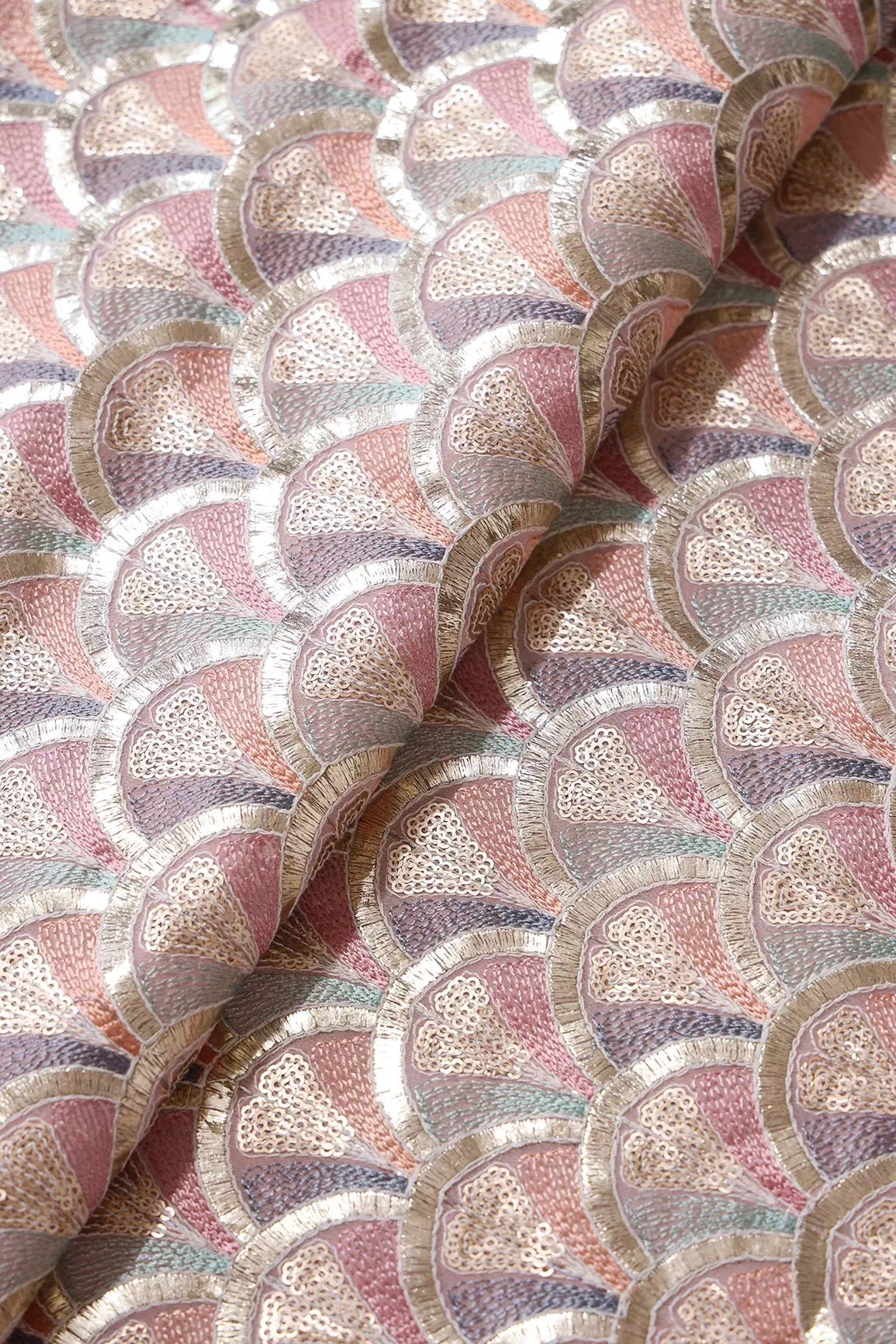 Multi Color Pastel Thread With Sequins Ogee Embroidery Work On Light Pink Georgette Fabric