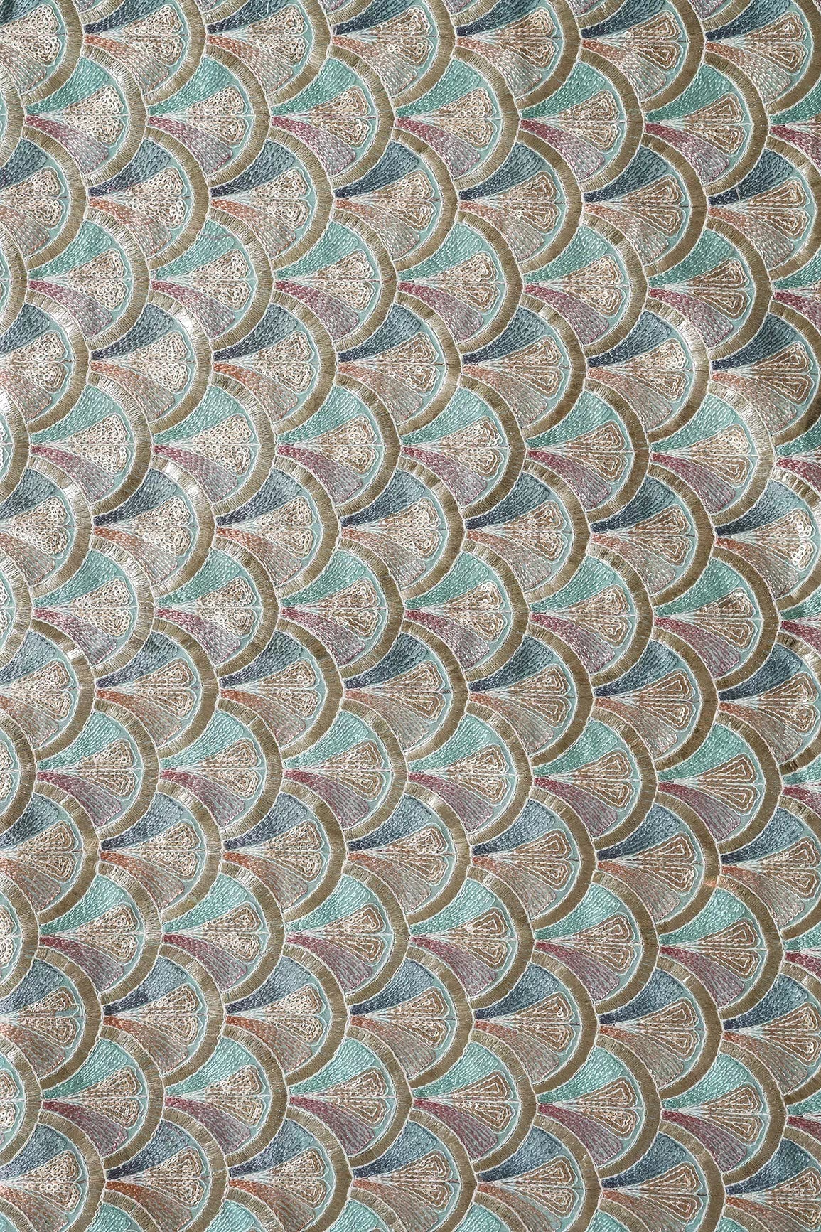Multi Color Pastel Thread With Sequins Ogee Embroidery Work On Light Teal Georgette Fabric