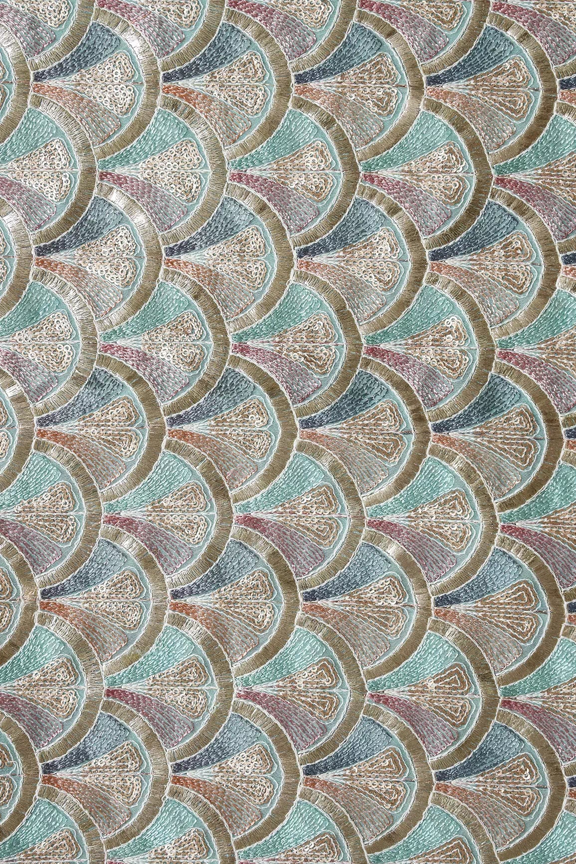 Multi Color Pastel Thread With Sequins Ogee Embroidery Work On Light Teal Georgette Fabric