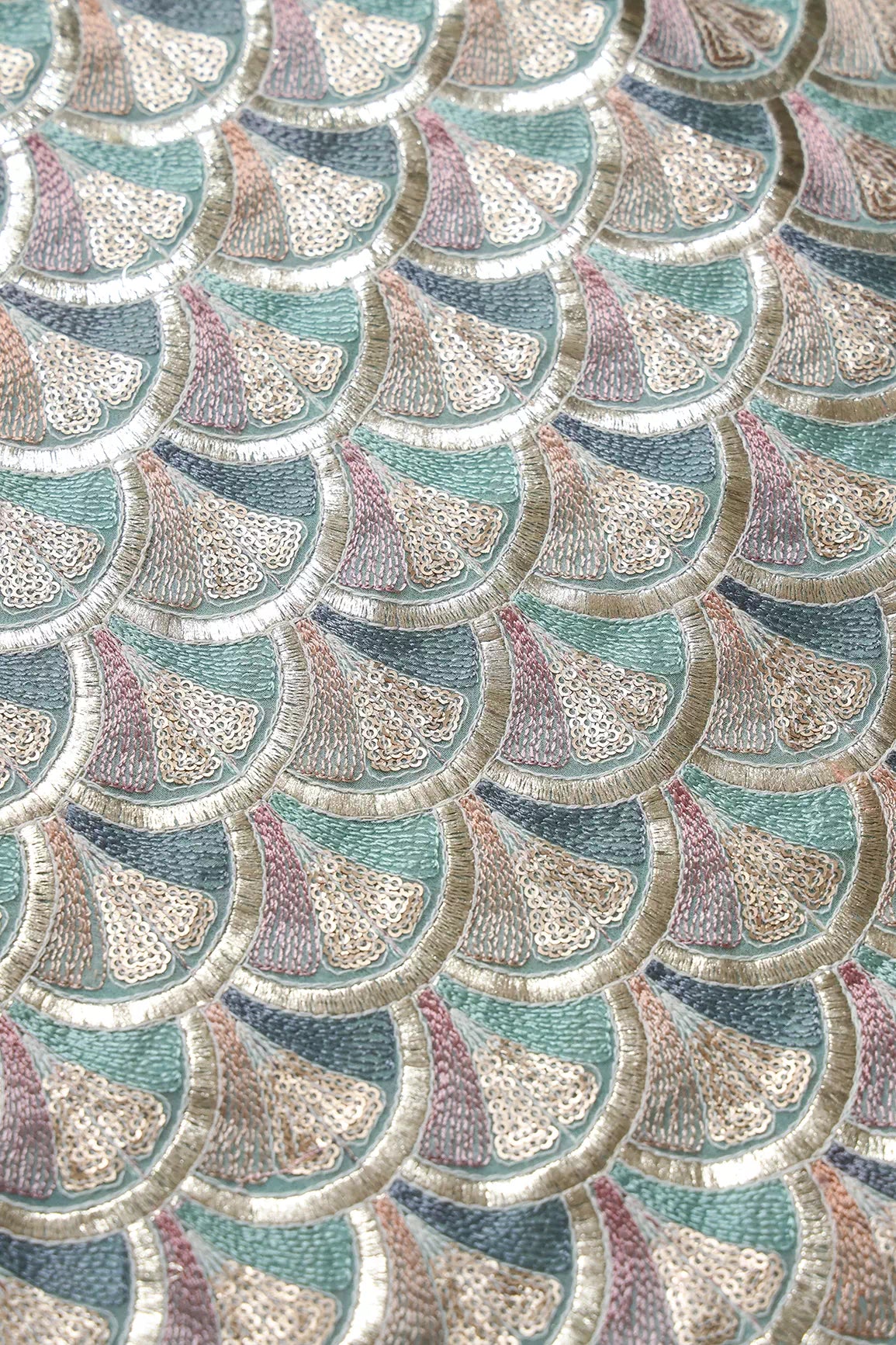 Multi Color Pastel Thread With Sequins Ogee Embroidery Work On Light Teal Georgette Fabric