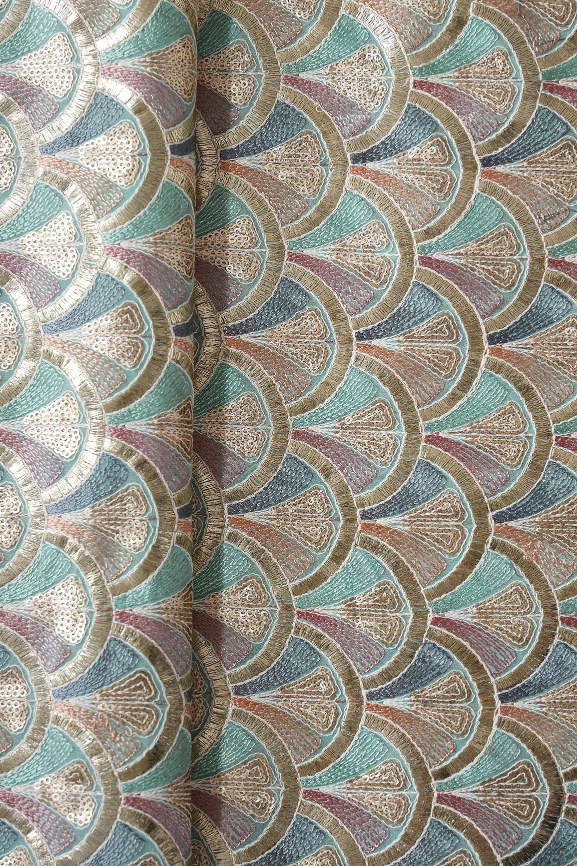 Multi Color Pastel Thread With Sequins Ogee Embroidery Work On Light Teal Georgette Fabric