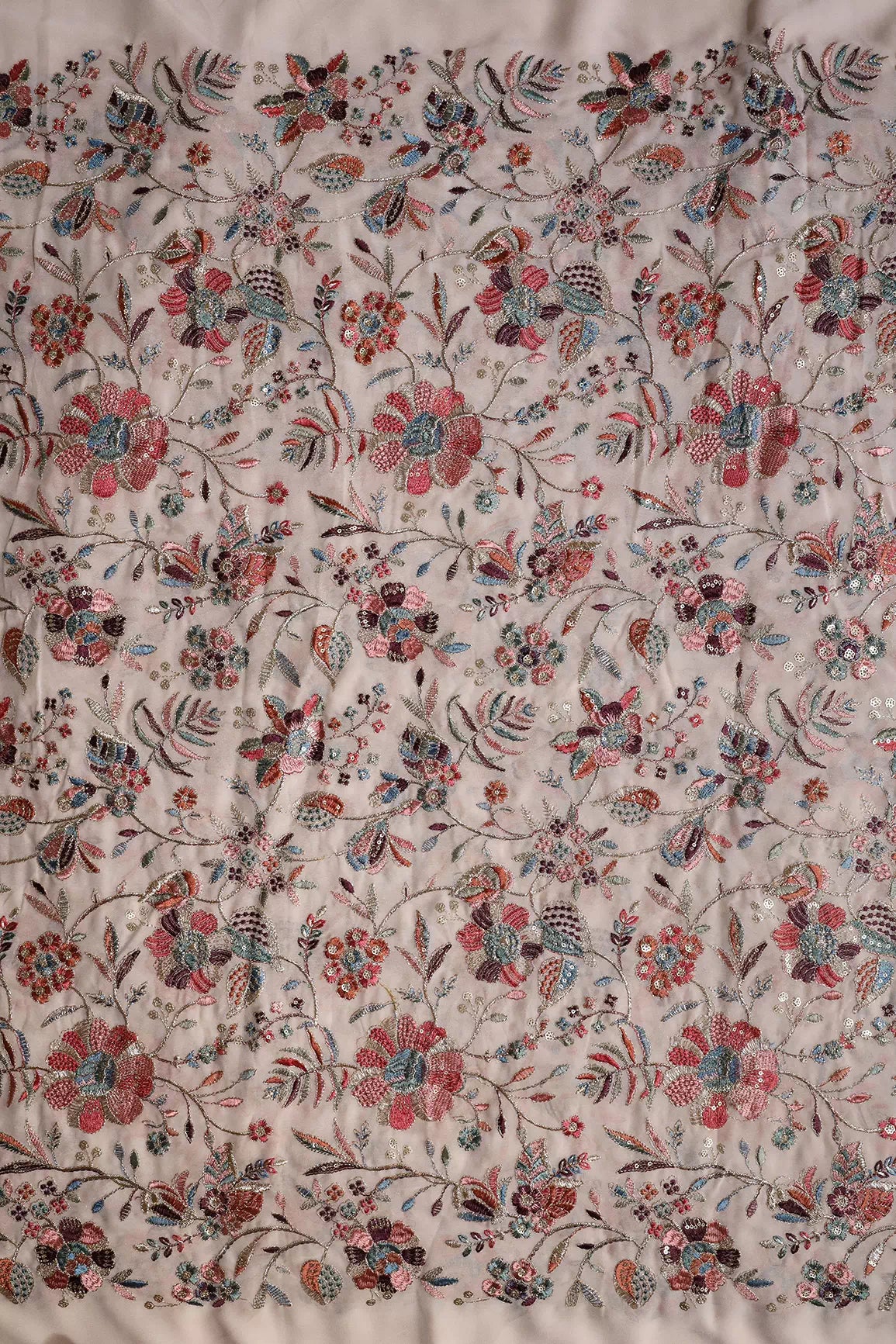 Exclusive Floral Heavy Embroidery With Gold Sequins On Light Peach Georgette Fabric