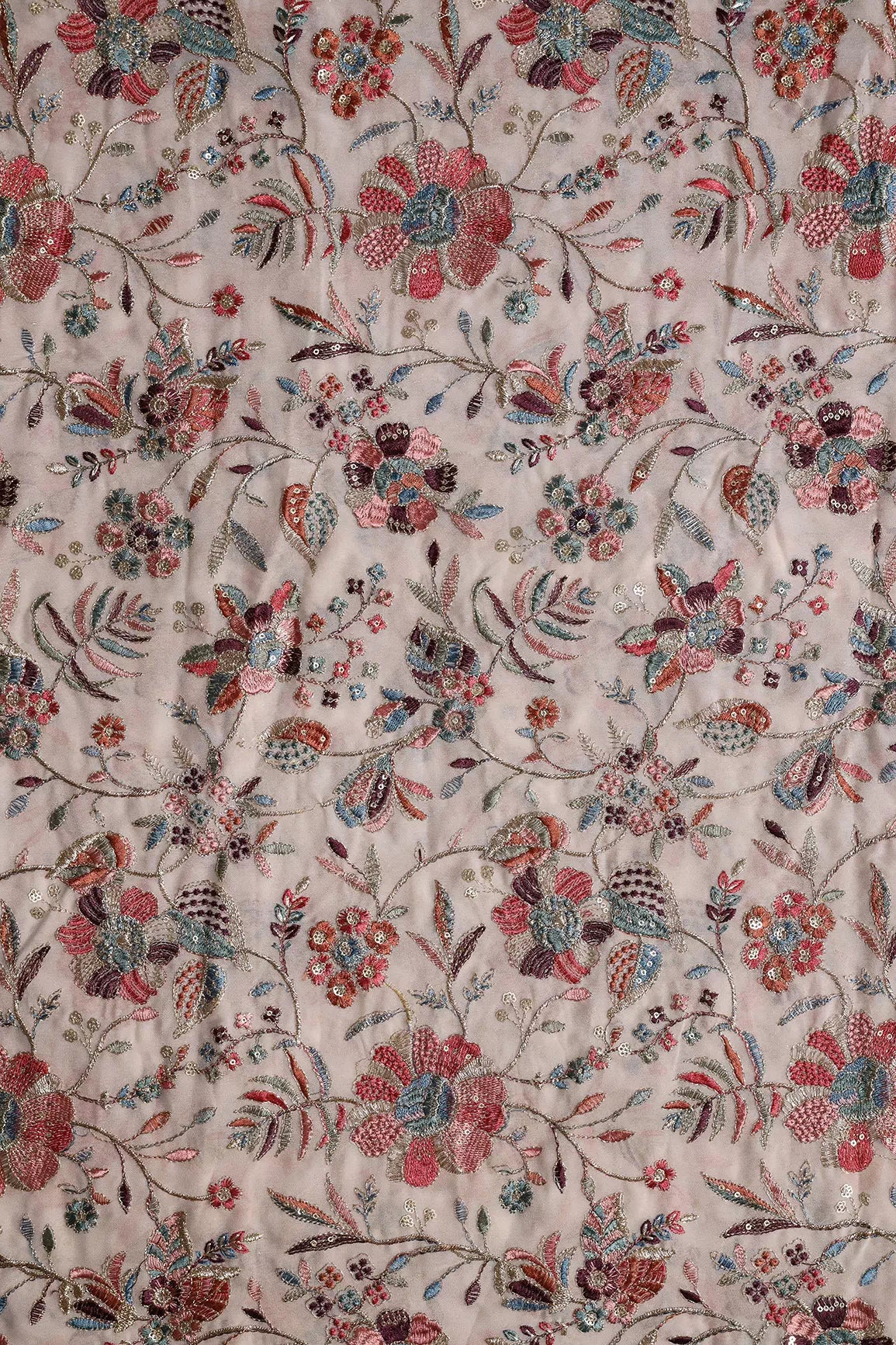 Exclusive Floral Heavy Embroidery With Gold Sequins On Light Peach Georgette Fabric