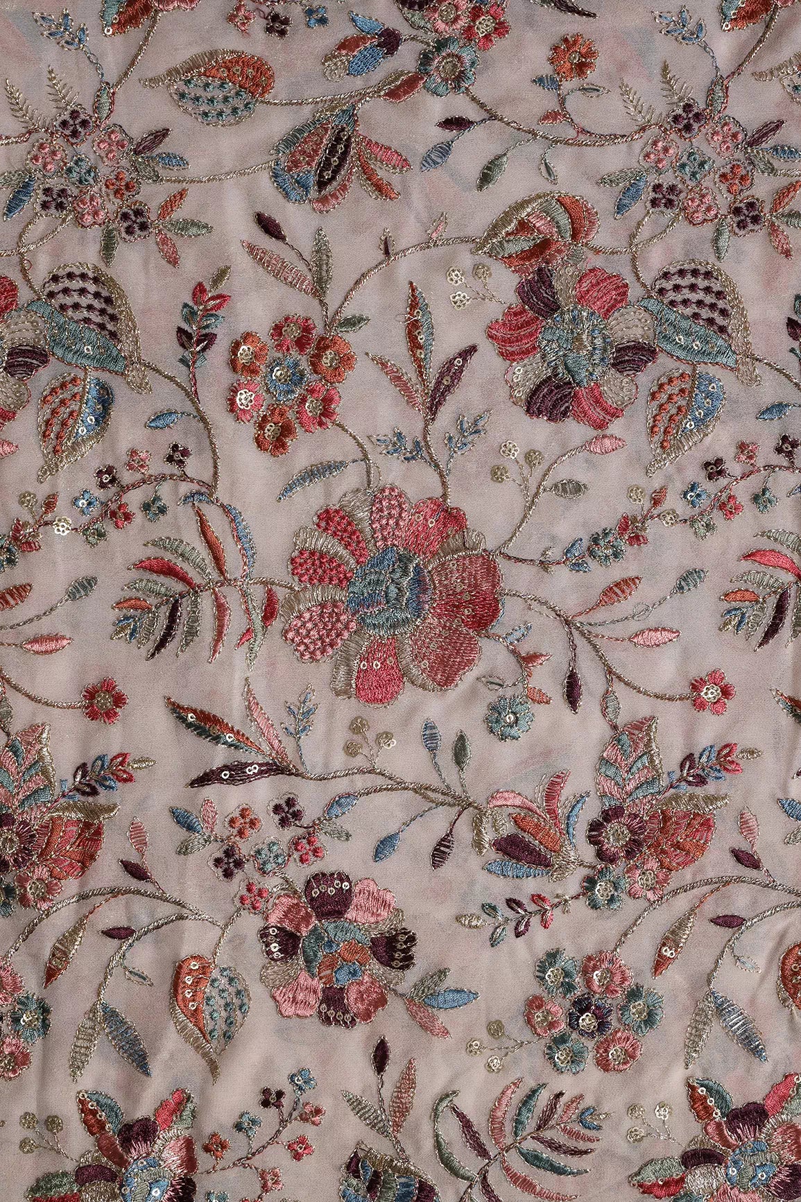 Exclusive Floral Heavy Embroidery With Gold Sequins On Light Peach Georgette Fabric