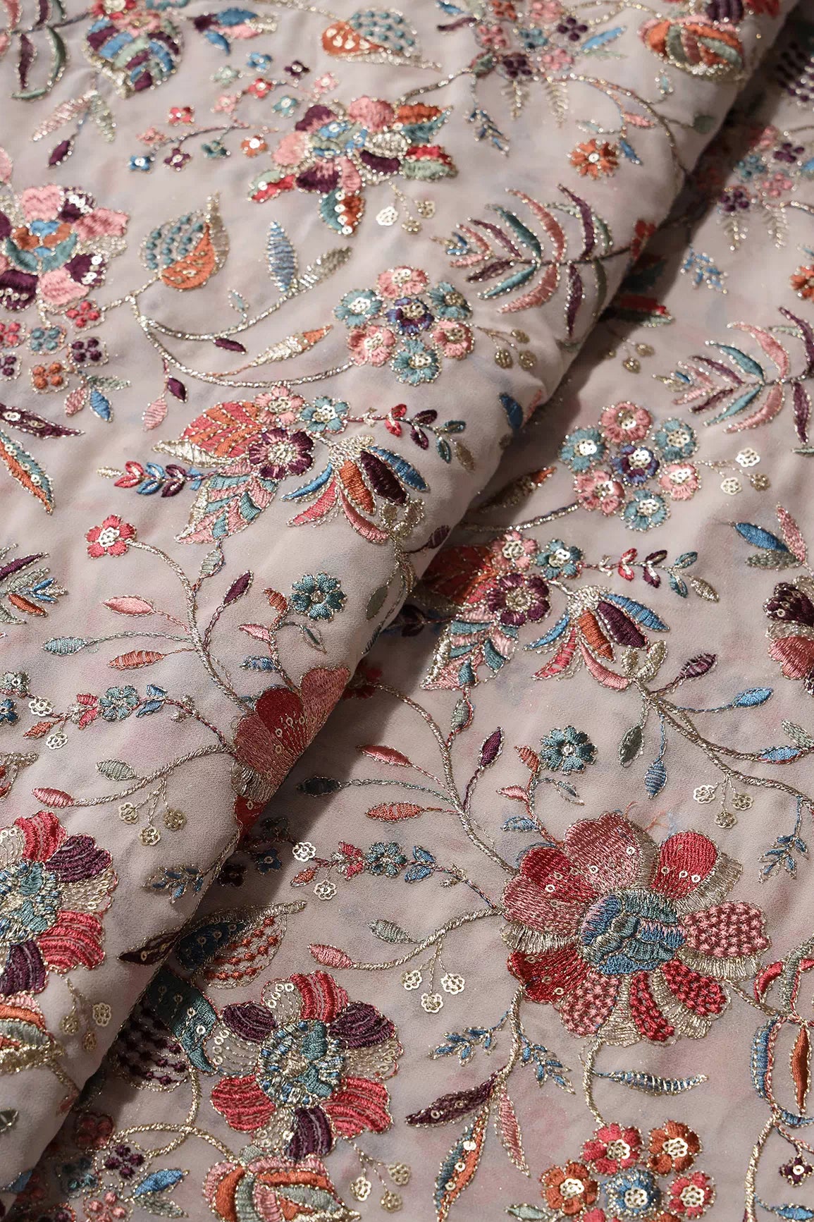 Exclusive Floral Heavy Embroidery With Gold Sequins On Light Peach Georgette Fabric