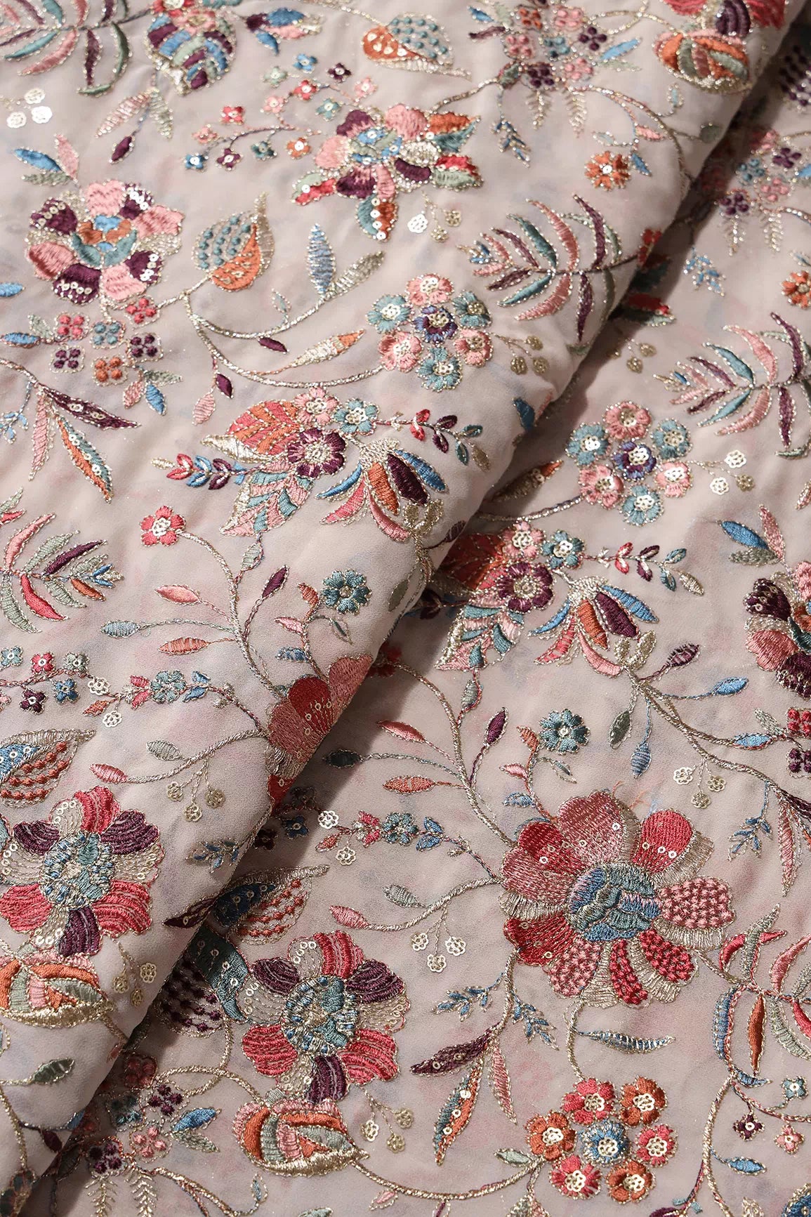 Exclusive Floral Heavy Embroidery With Gold Sequins On Light Peach Georgette Fabric