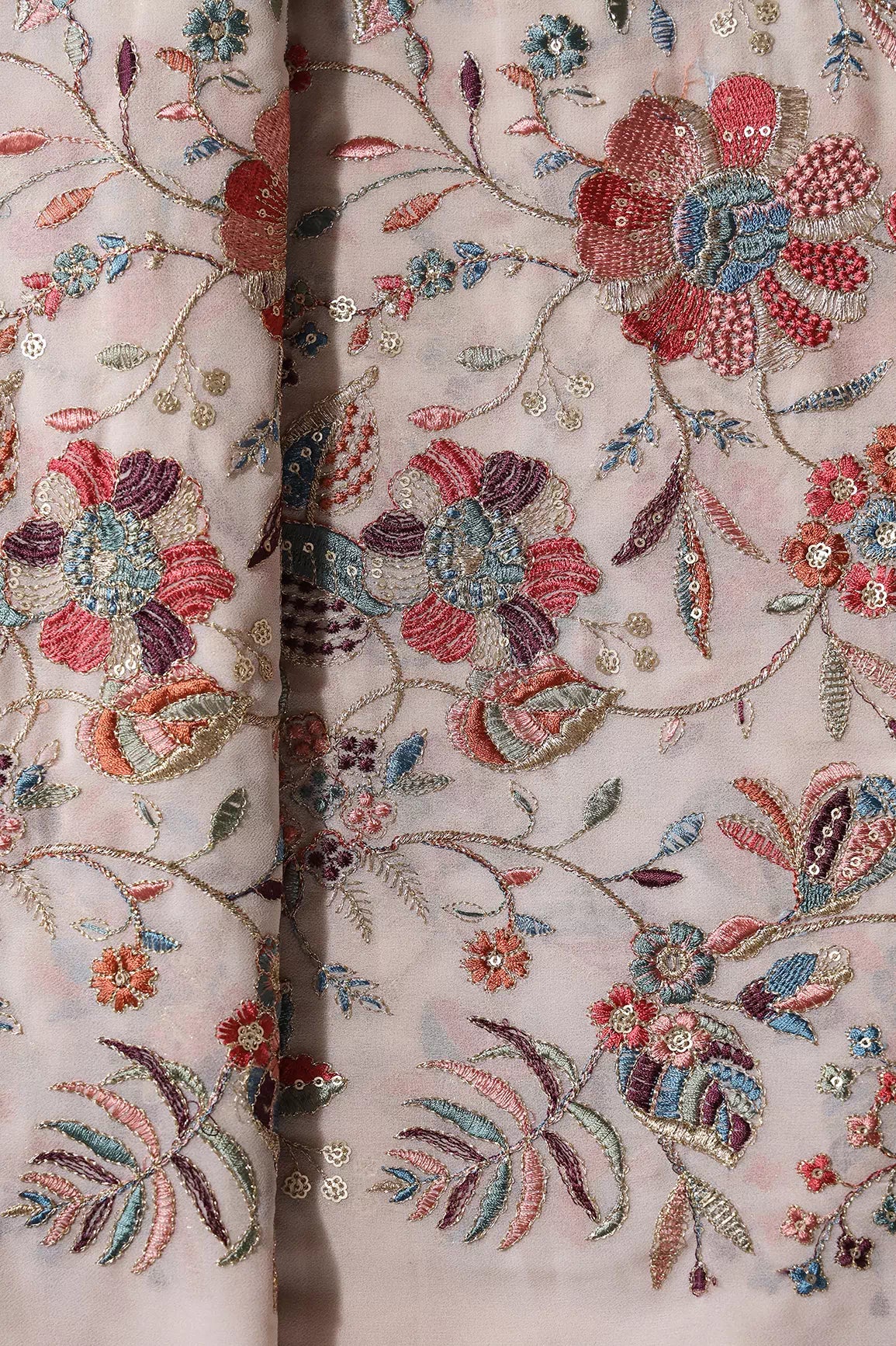 Exclusive Floral Heavy Embroidery With Gold Sequins On Light Peach Georgette Fabric