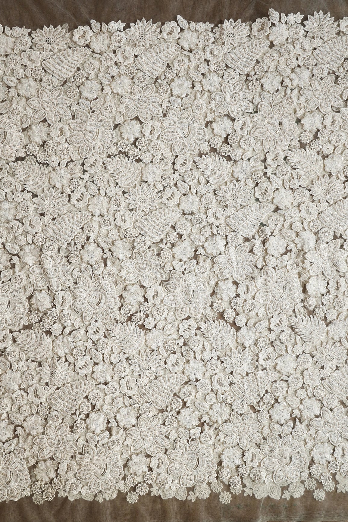 White Thread With Sequins Heavy Floral Embroidery On Dusty Olive Soft Net Fabric
