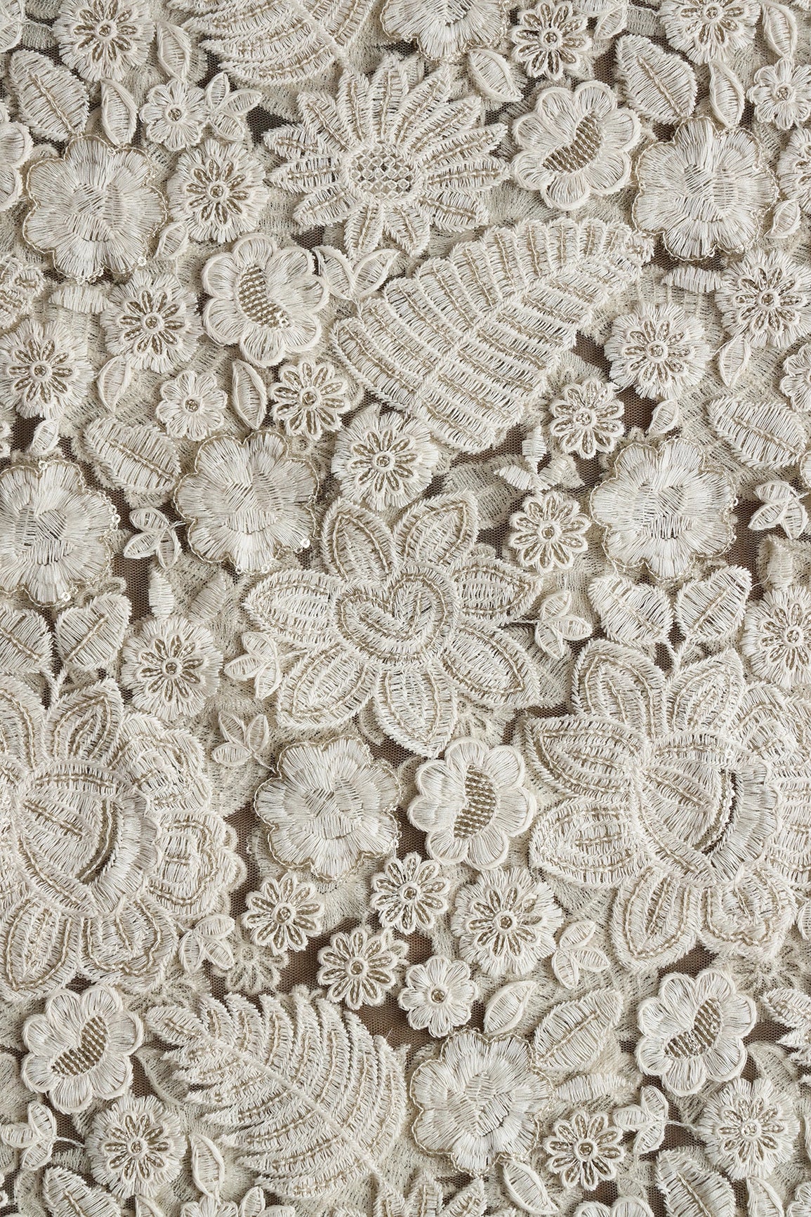 White Thread With Sequins Heavy Floral Embroidery On Dusty Olive Soft Net Fabric