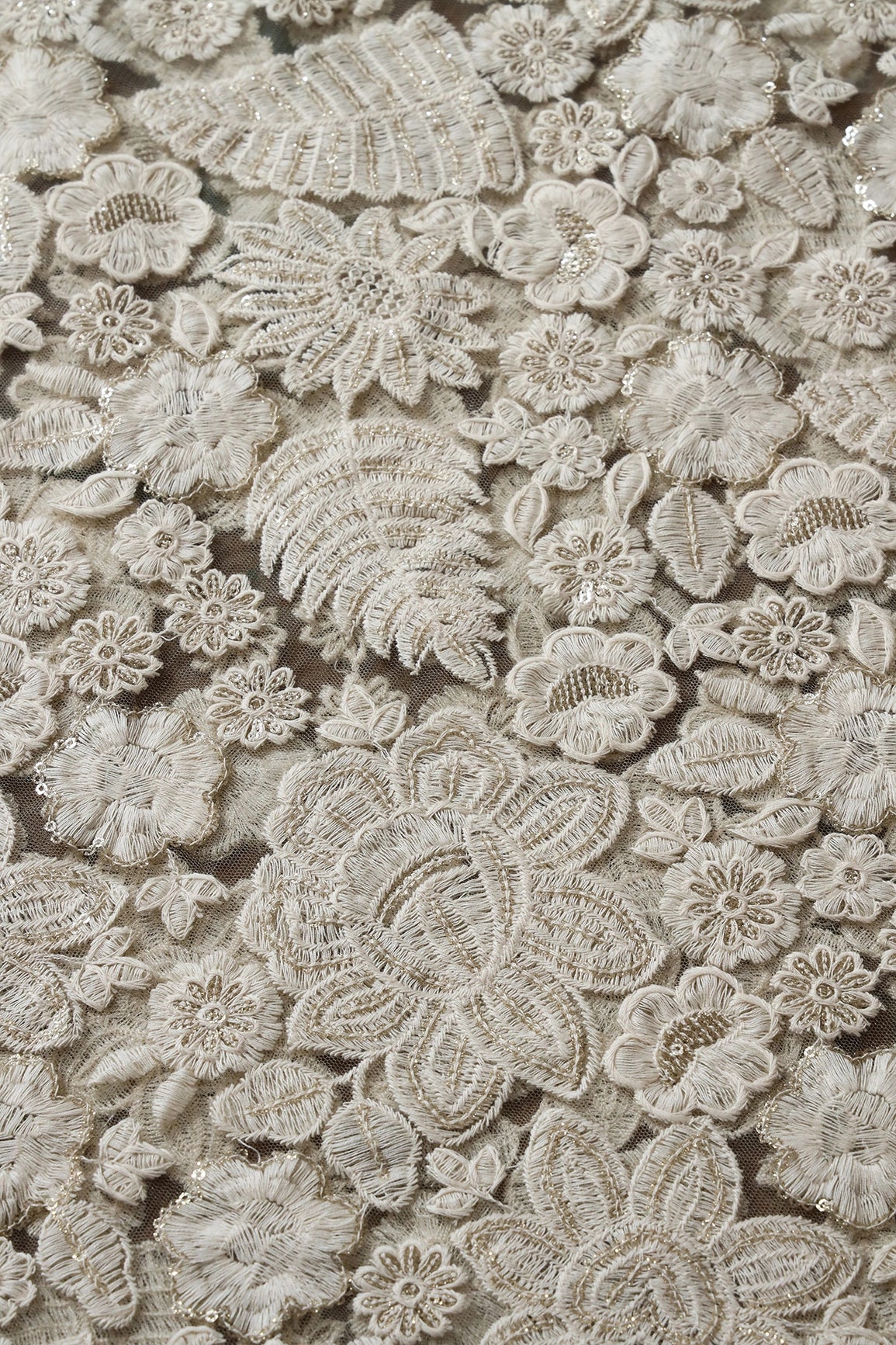 White Thread With Sequins Heavy Floral Embroidery On Dusty Olive Soft Net Fabric