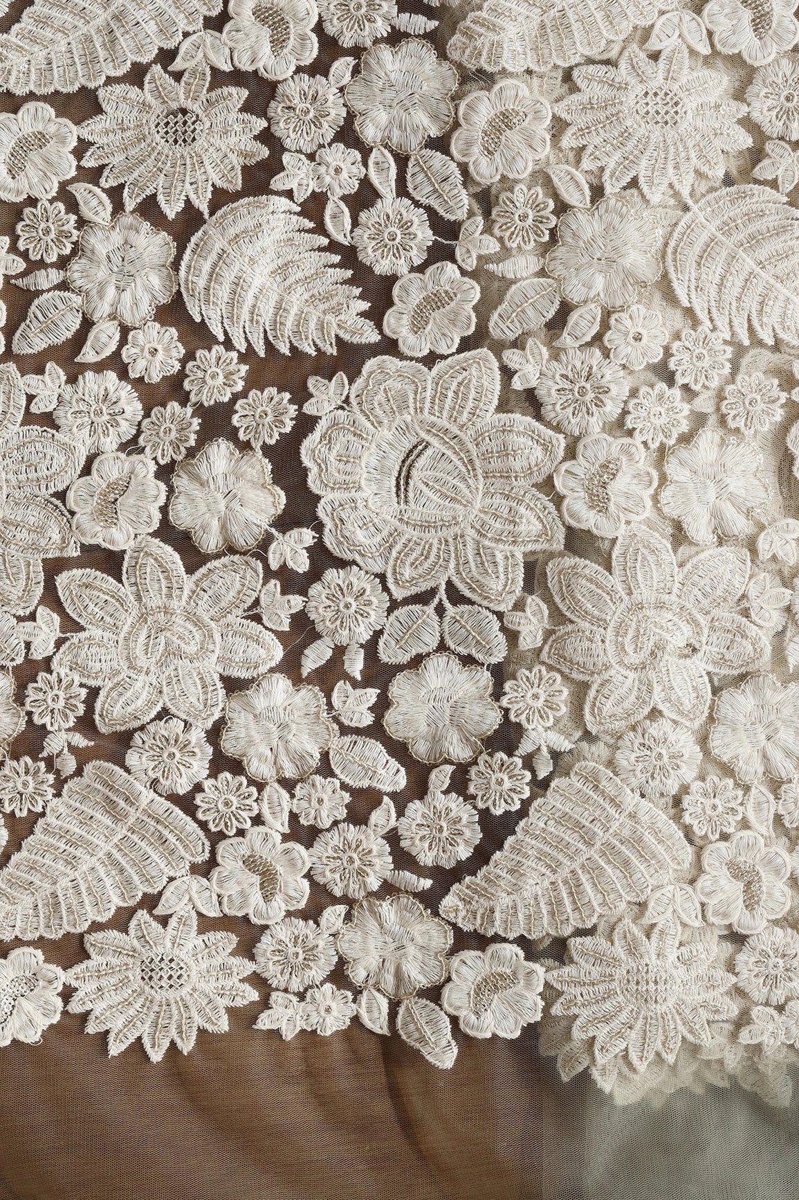 White Thread With Sequins Heavy Floral Embroidery On Dusty Olive Soft Net Fabric
