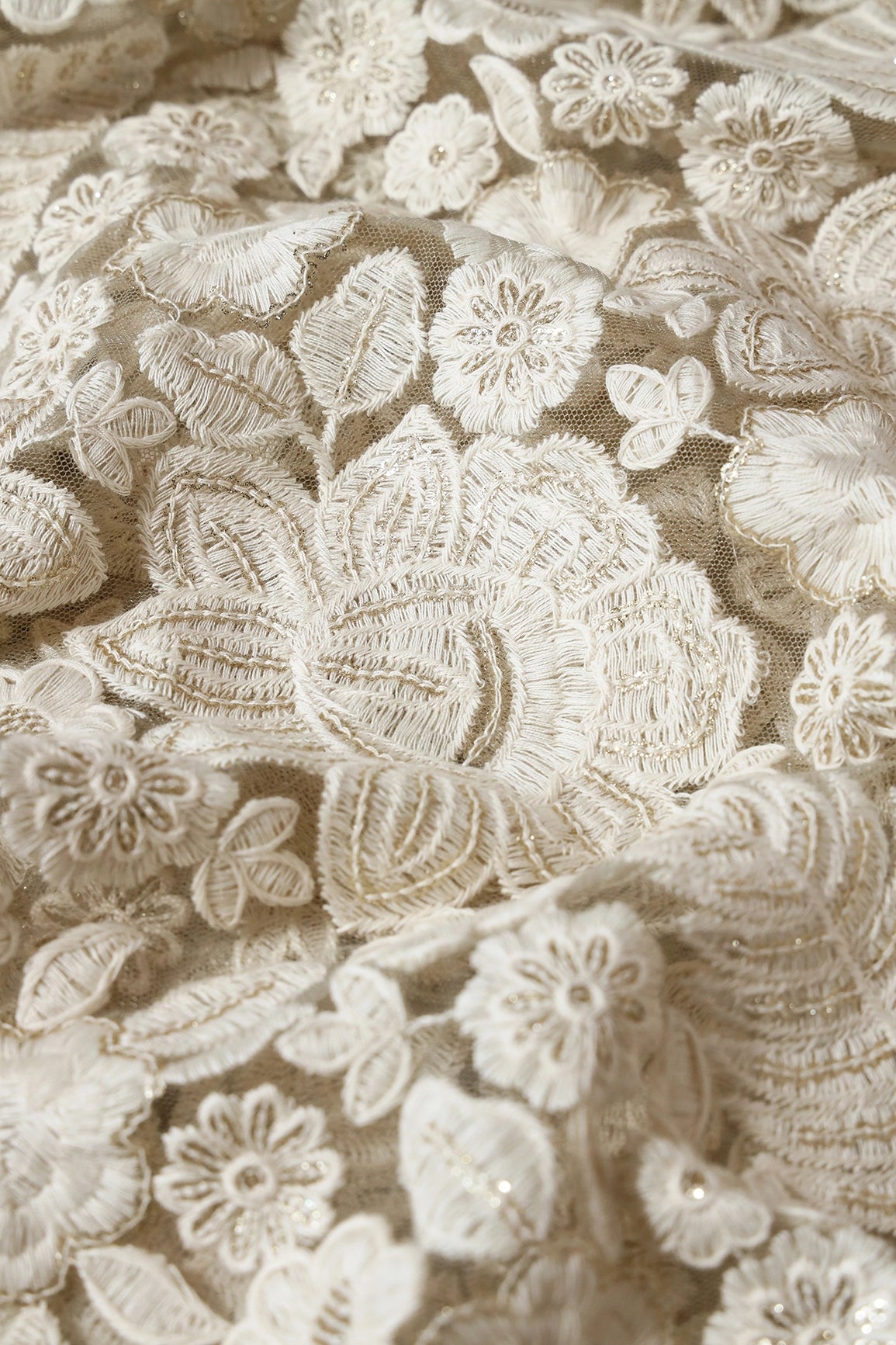 White Thread With Sequins Heavy Floral Embroidery On Dusty Olive Soft Net Fabric