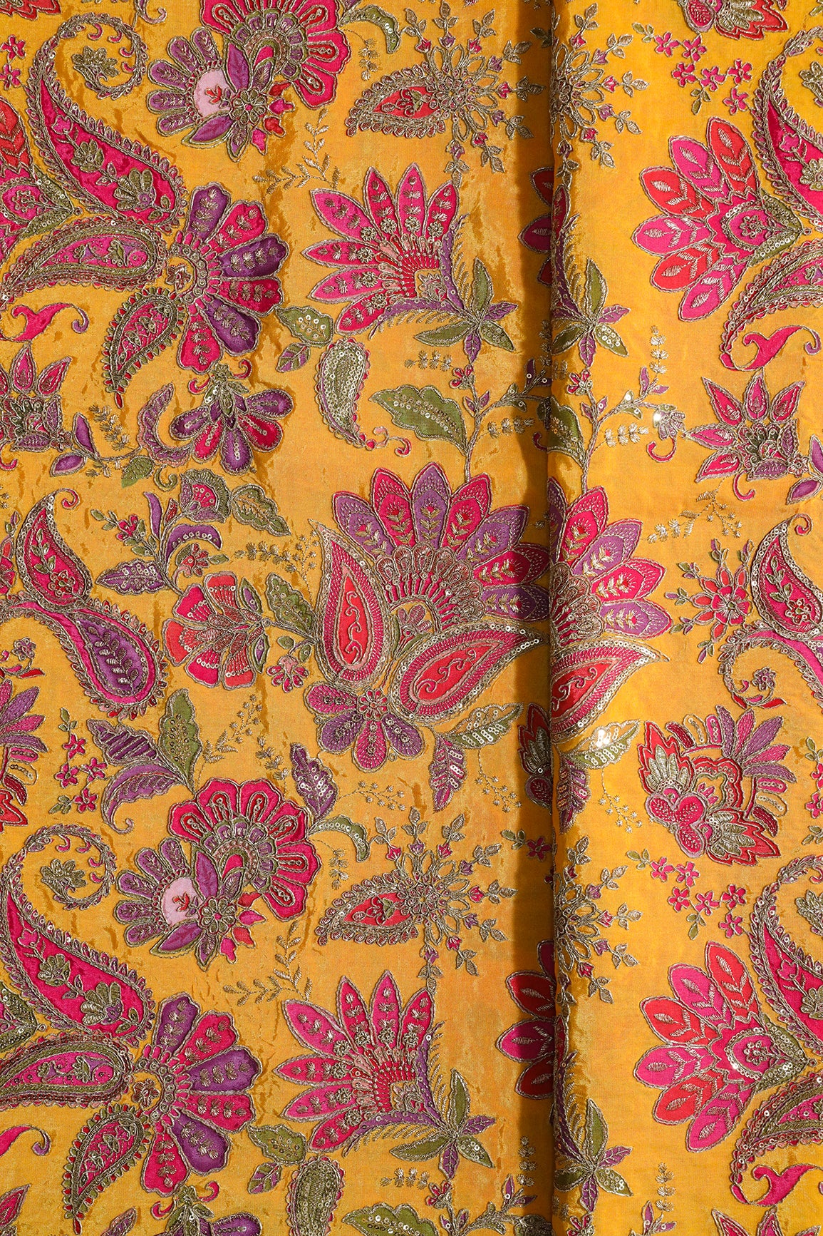 Heavy Gold Zari With Sequins Floral Embroidery On Mustard Yellow Crepe Fabric