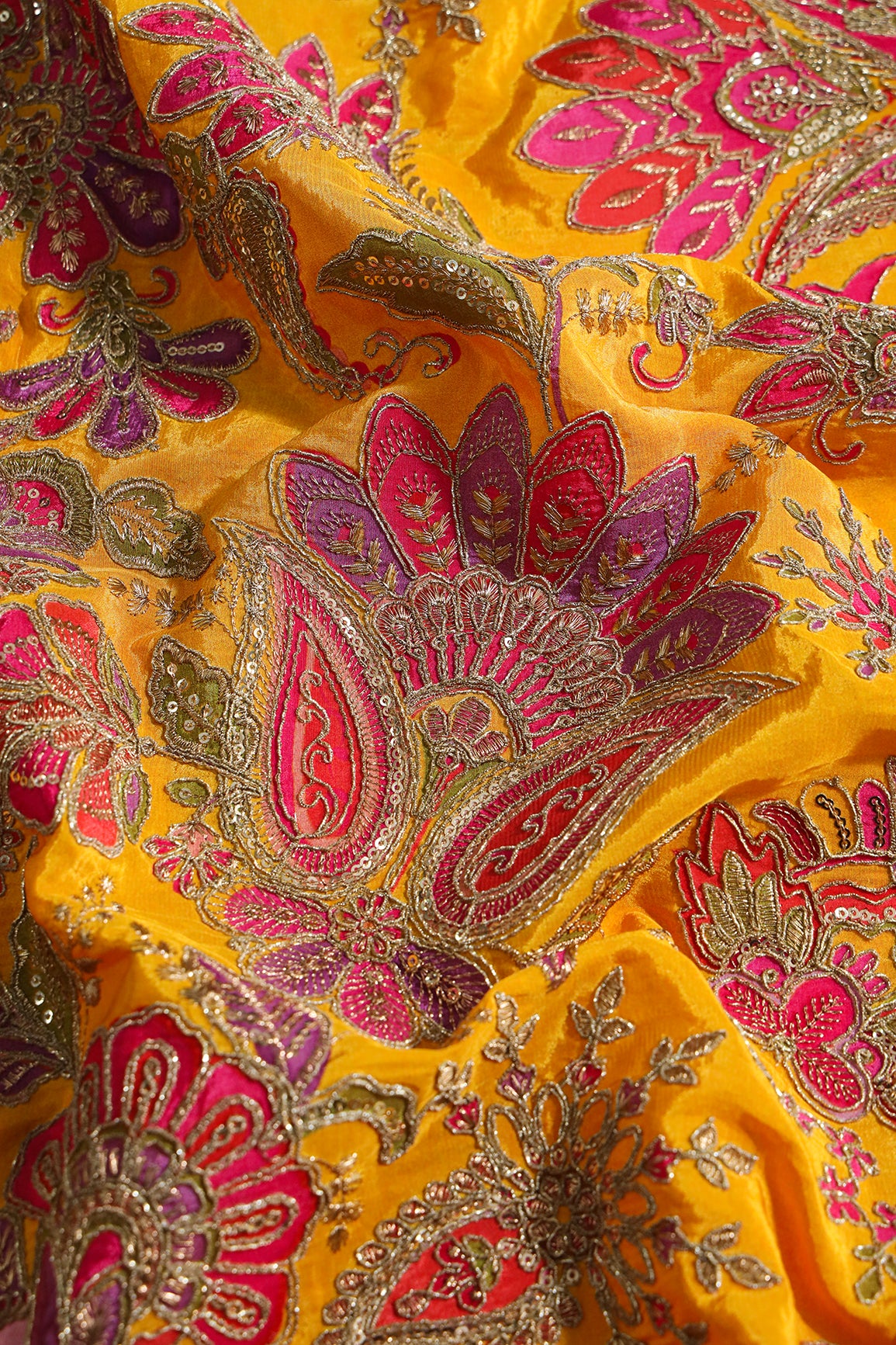 Heavy Gold Zari With Sequins Floral Embroidery On Mustard Yellow Crepe Fabric