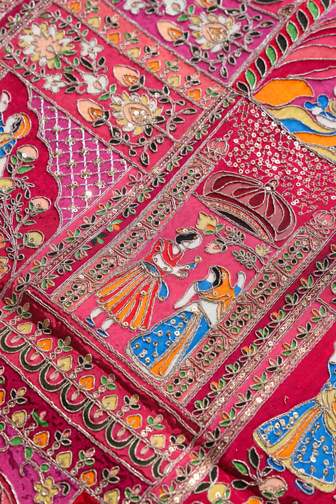 Heavy Gold Zari With Sequins Traditional Embroidery On Positional Print Rani Crepe Fabric