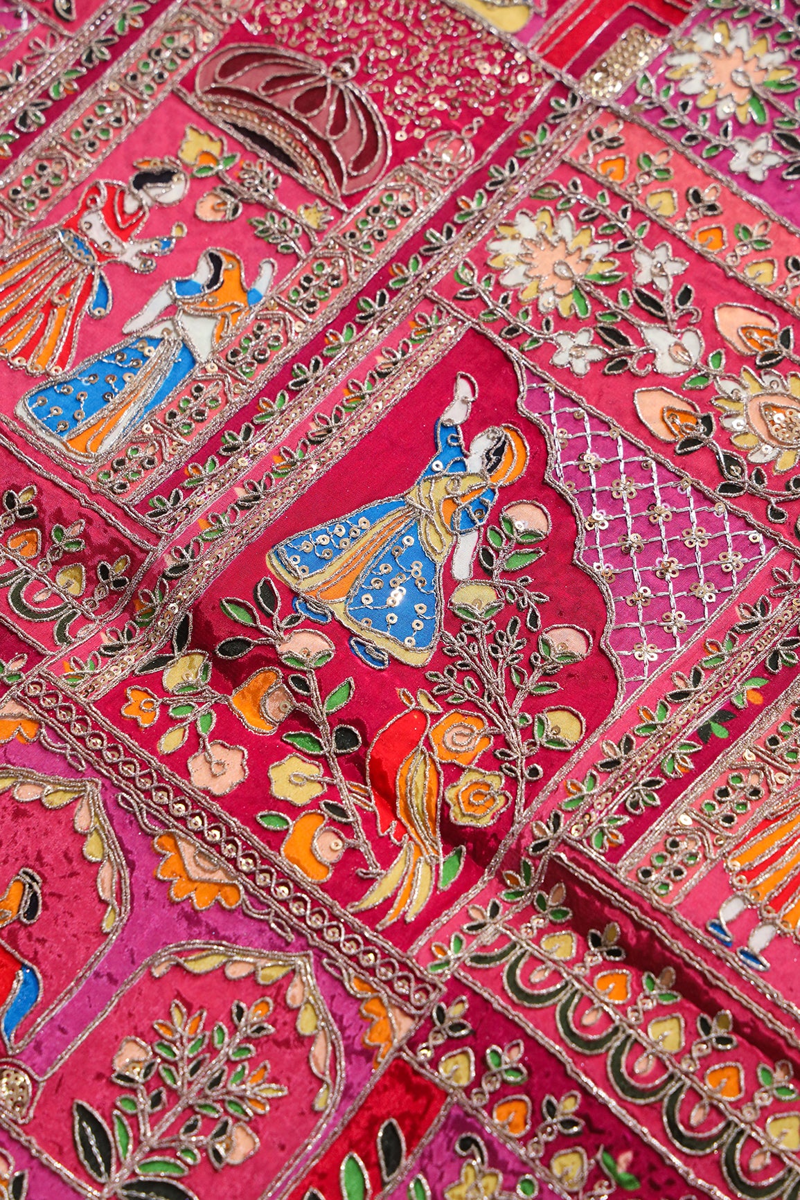 Heavy Gold Zari With Sequins Traditional Embroidery On Positional Print Rani Crepe Fabric
