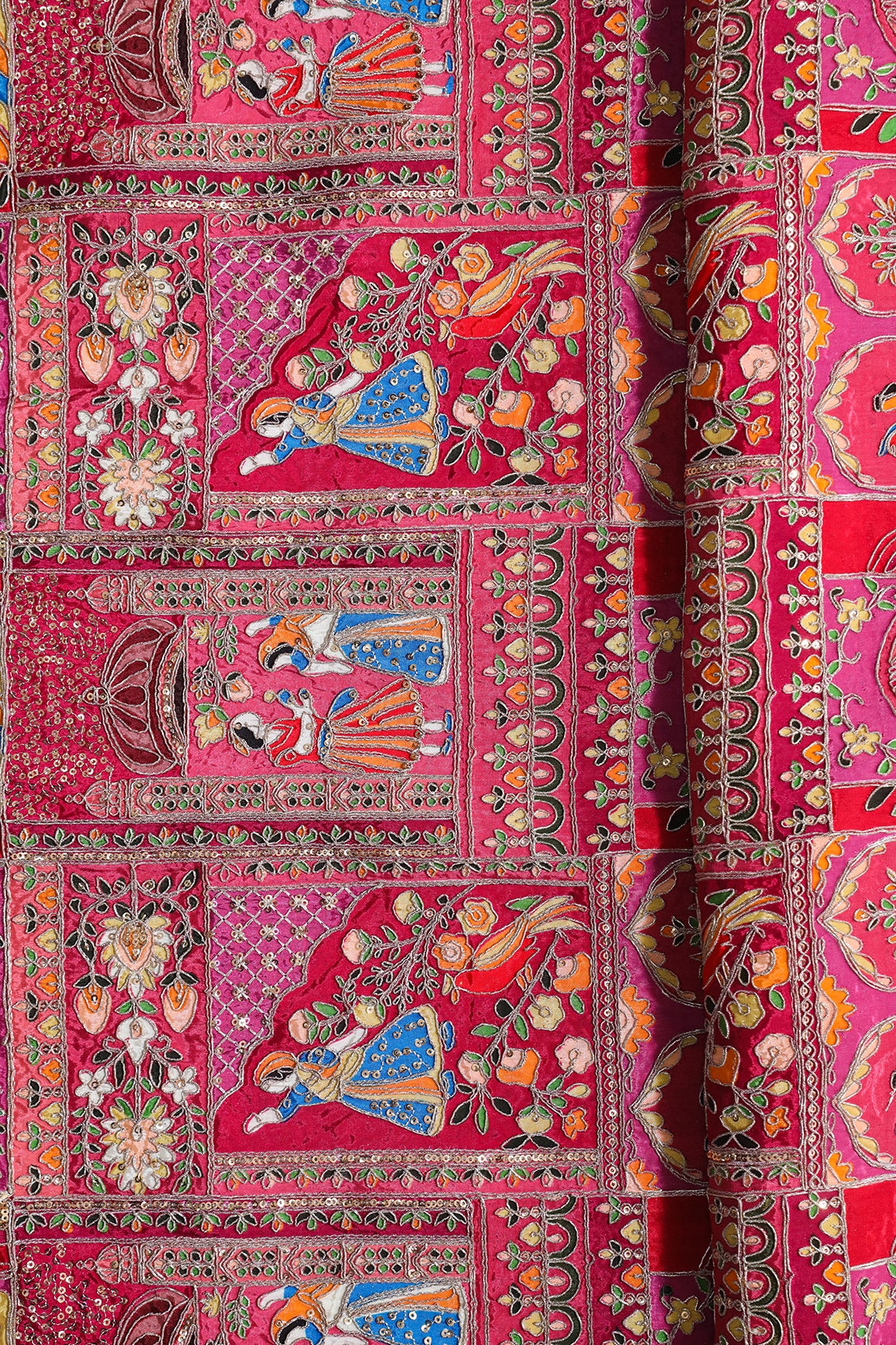 Heavy Gold Zari With Sequins Traditional Embroidery On Positional Print Rani Crepe Fabric