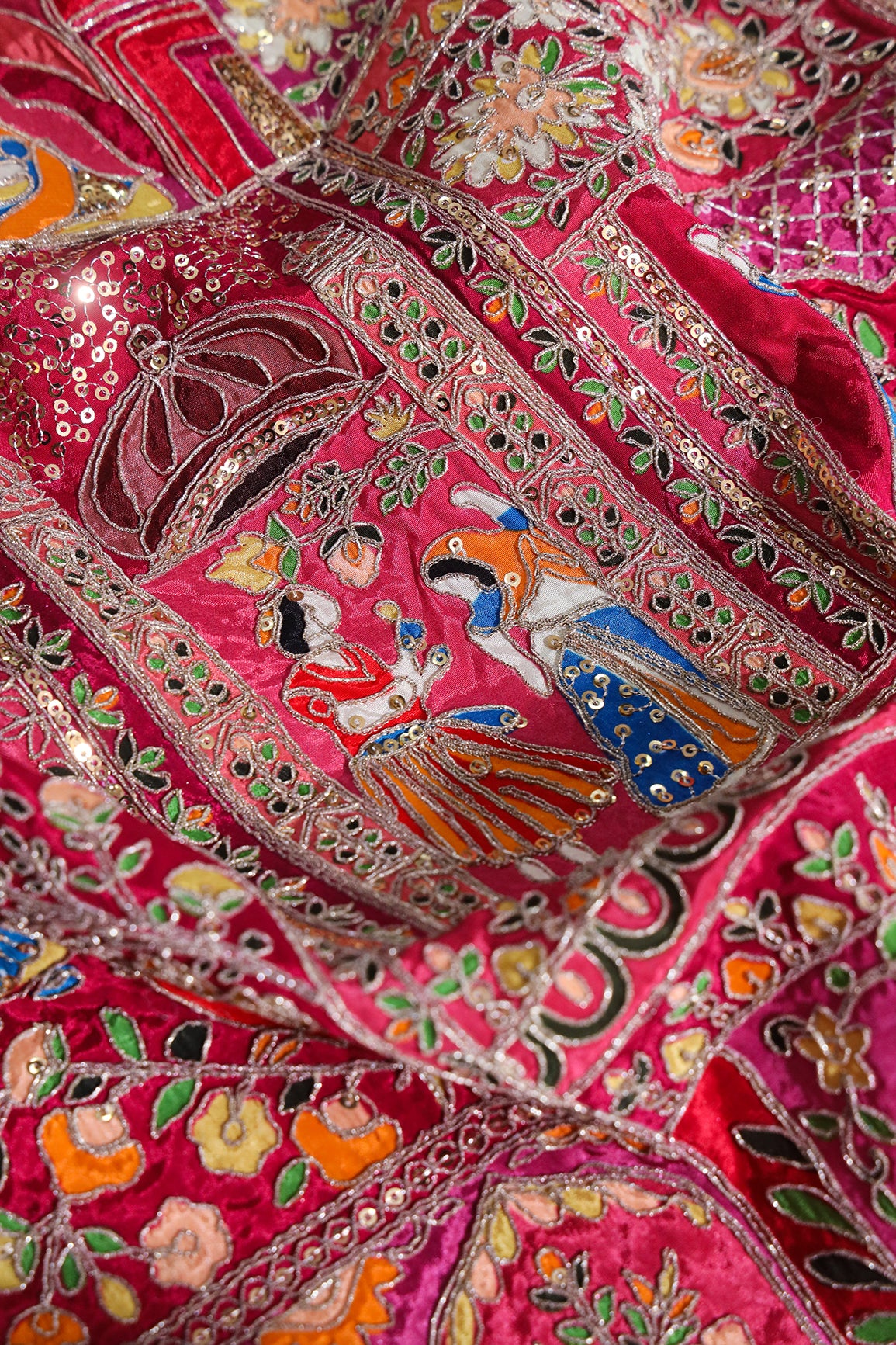 Heavy Gold Zari With Sequins Traditional Embroidery On Positional Print Rani Crepe Fabric