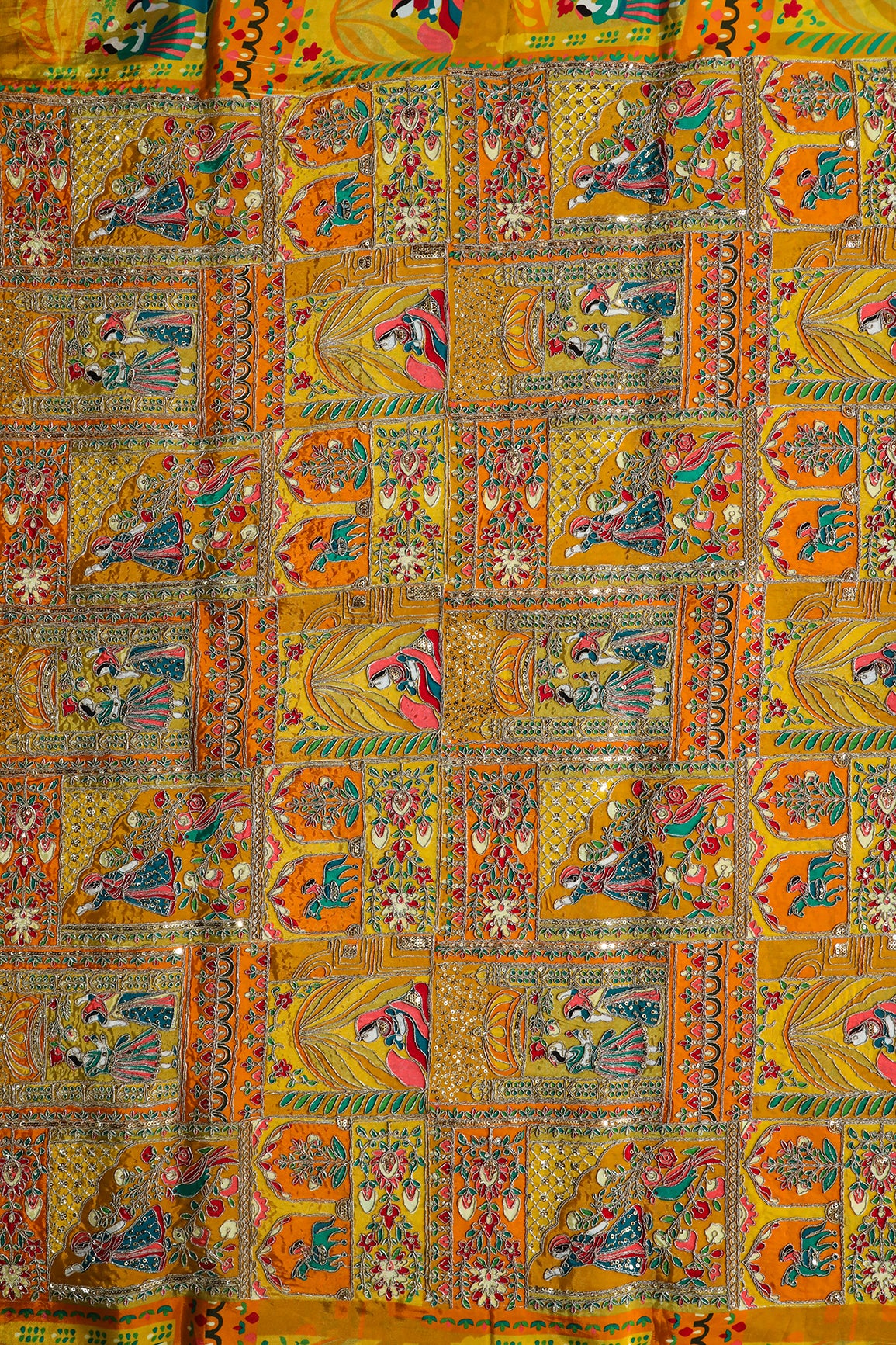 Positional Print With Zari and Sequins Traditional Embroidery On Mustard Yellow Crepe Fabric