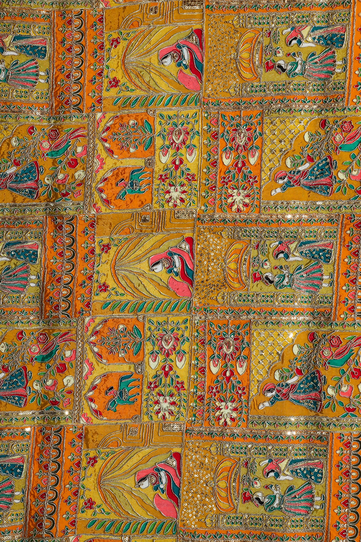 Positional Print With Zari and Sequins Traditional Embroidery On Mustard Yellow Crepe Fabric