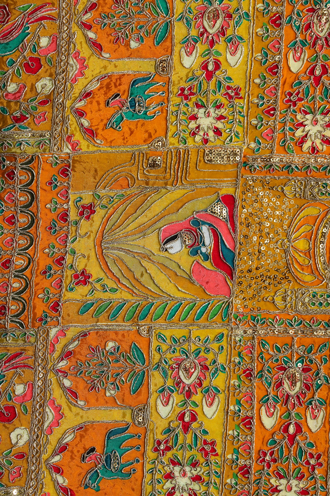 Positional Print With Zari and Sequins Traditional Embroidery On Mustard Yellow Crepe Fabric