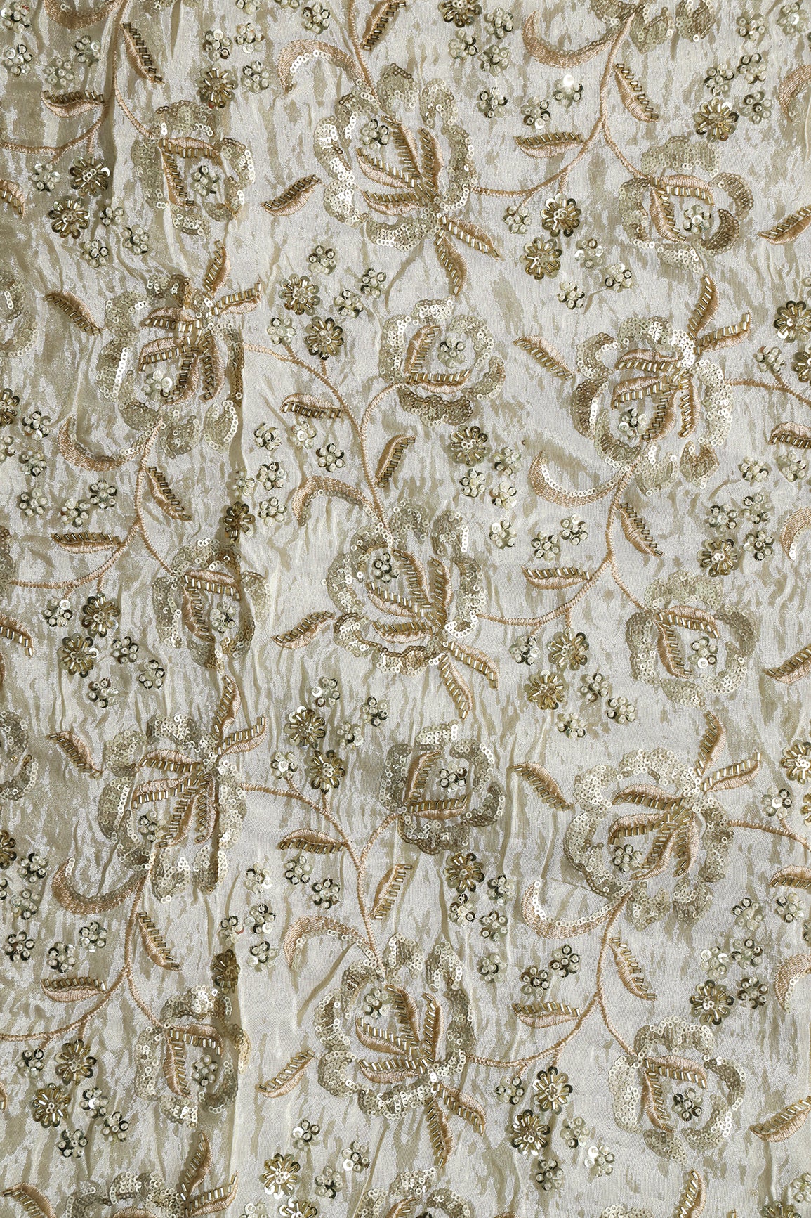 Beads With Sequins Beautiful Floral Embroidery On Dyeable Viscose Zari Tissue Fabric