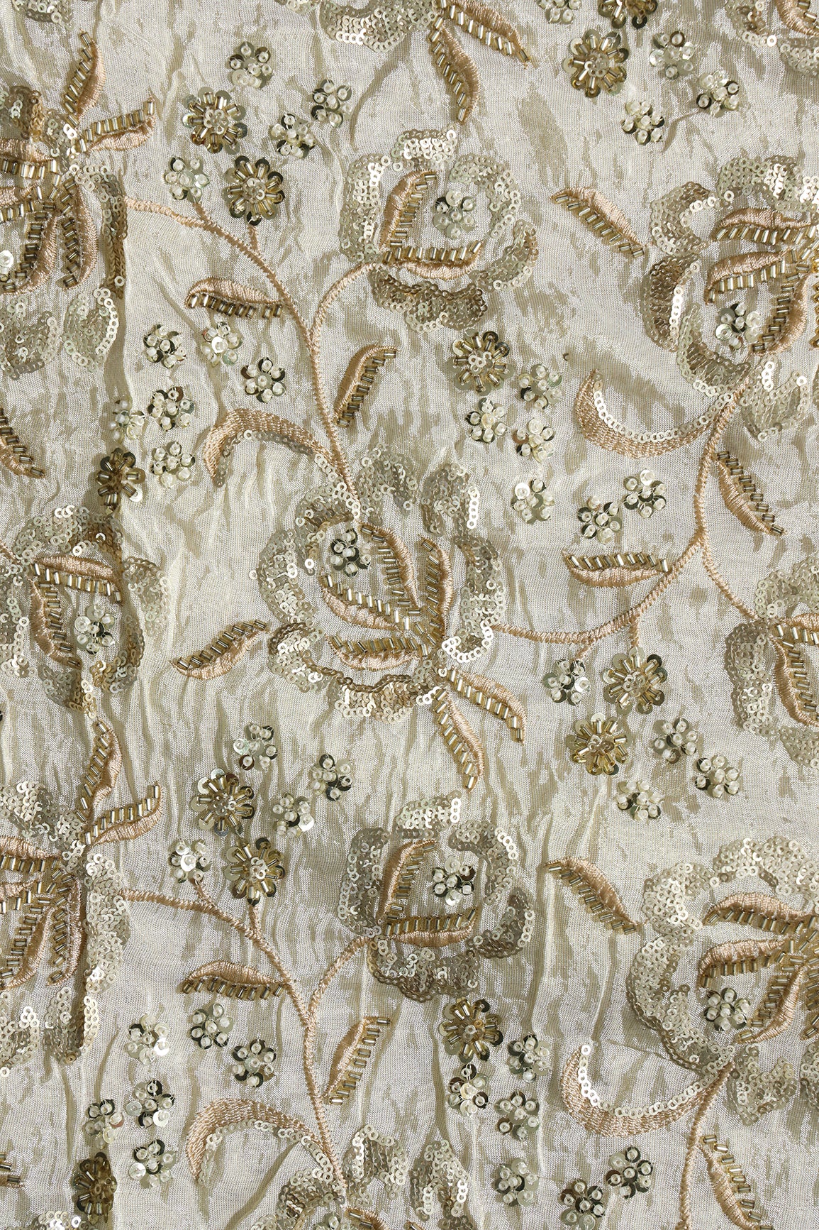 Beads With Sequins Beautiful Floral Embroidery On Dyeable Viscose Zari Tissue Fabric