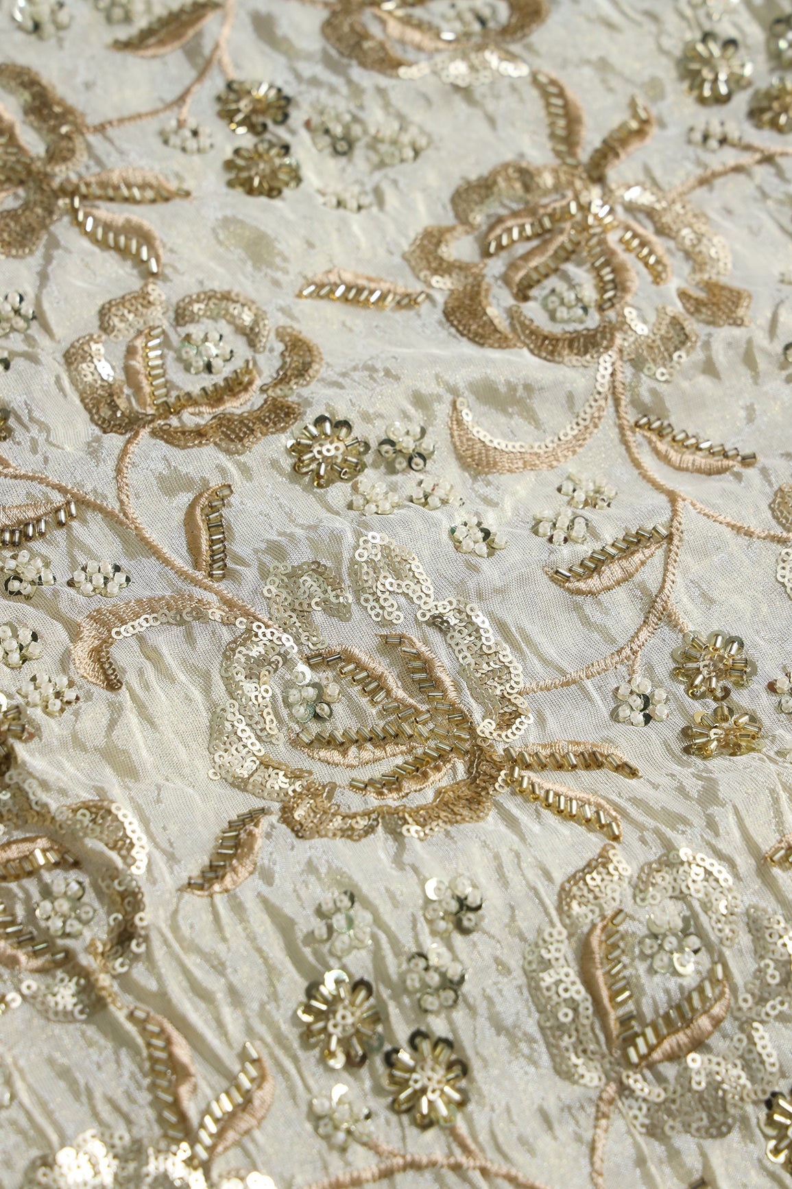 Beads With Sequins Beautiful Floral Embroidery On Dyeable Viscose Zari Tissue Fabric