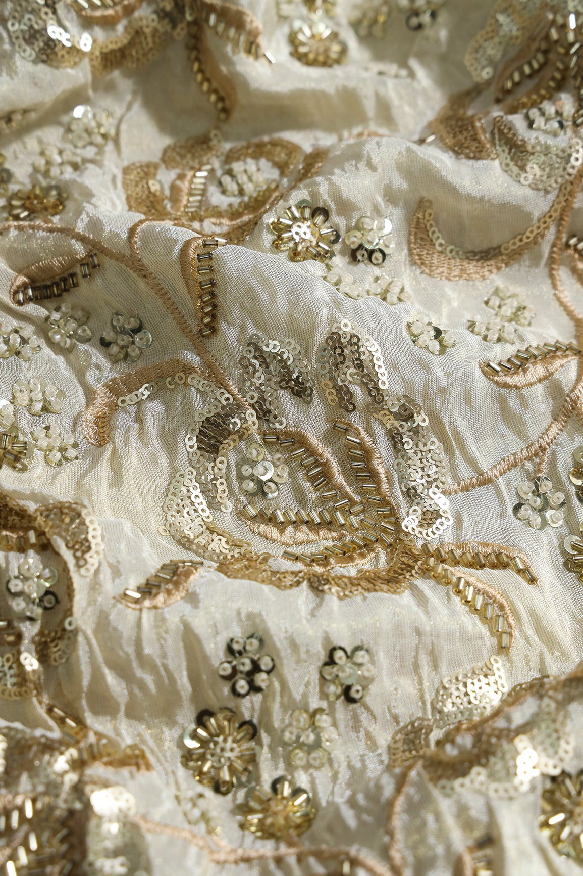 Beads With Sequins Beautiful Floral Embroidery On Dyeable Viscose Zari Tissue Fabric