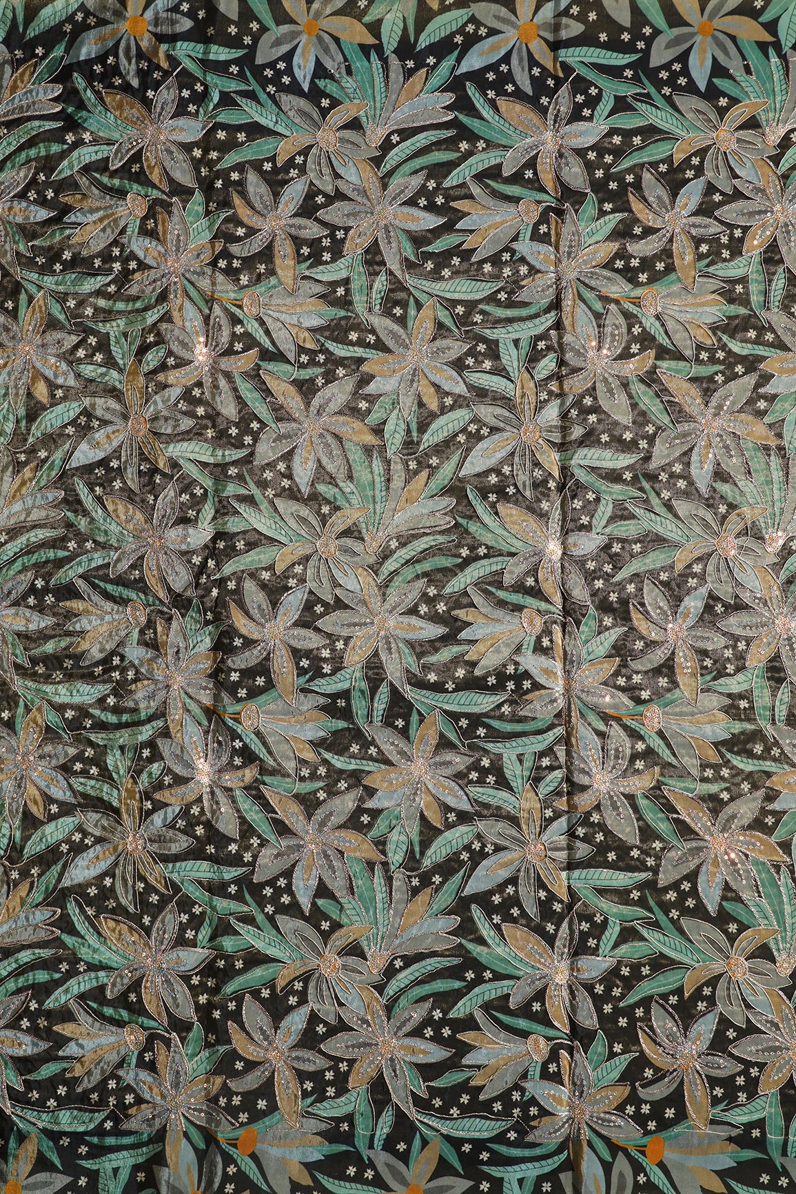 Floral Position Print On Sequins With Zari Embroidery On Mehndi Green Viscose Zari Tissue Fabric