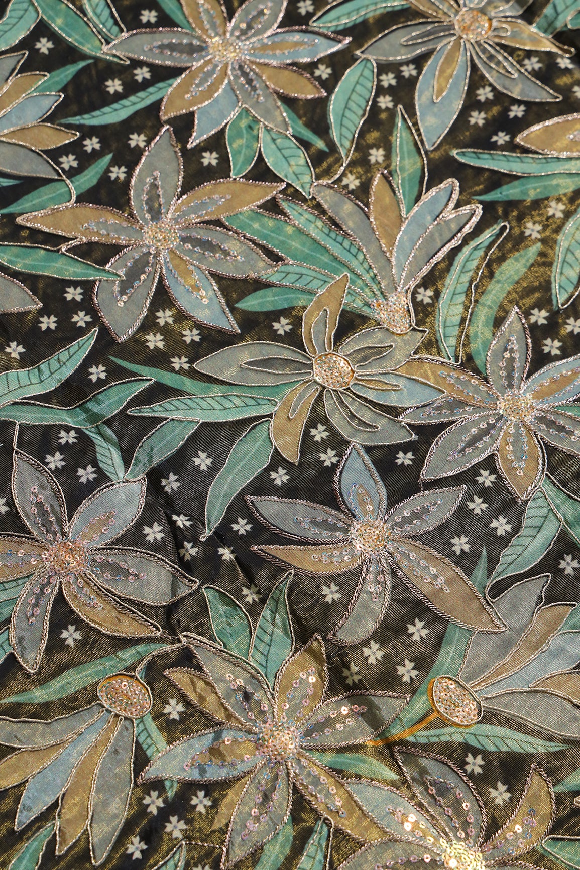 Floral Position Print On Sequins With Zari Embroidery On Mehndi Green Viscose Zari Tissue Fabric