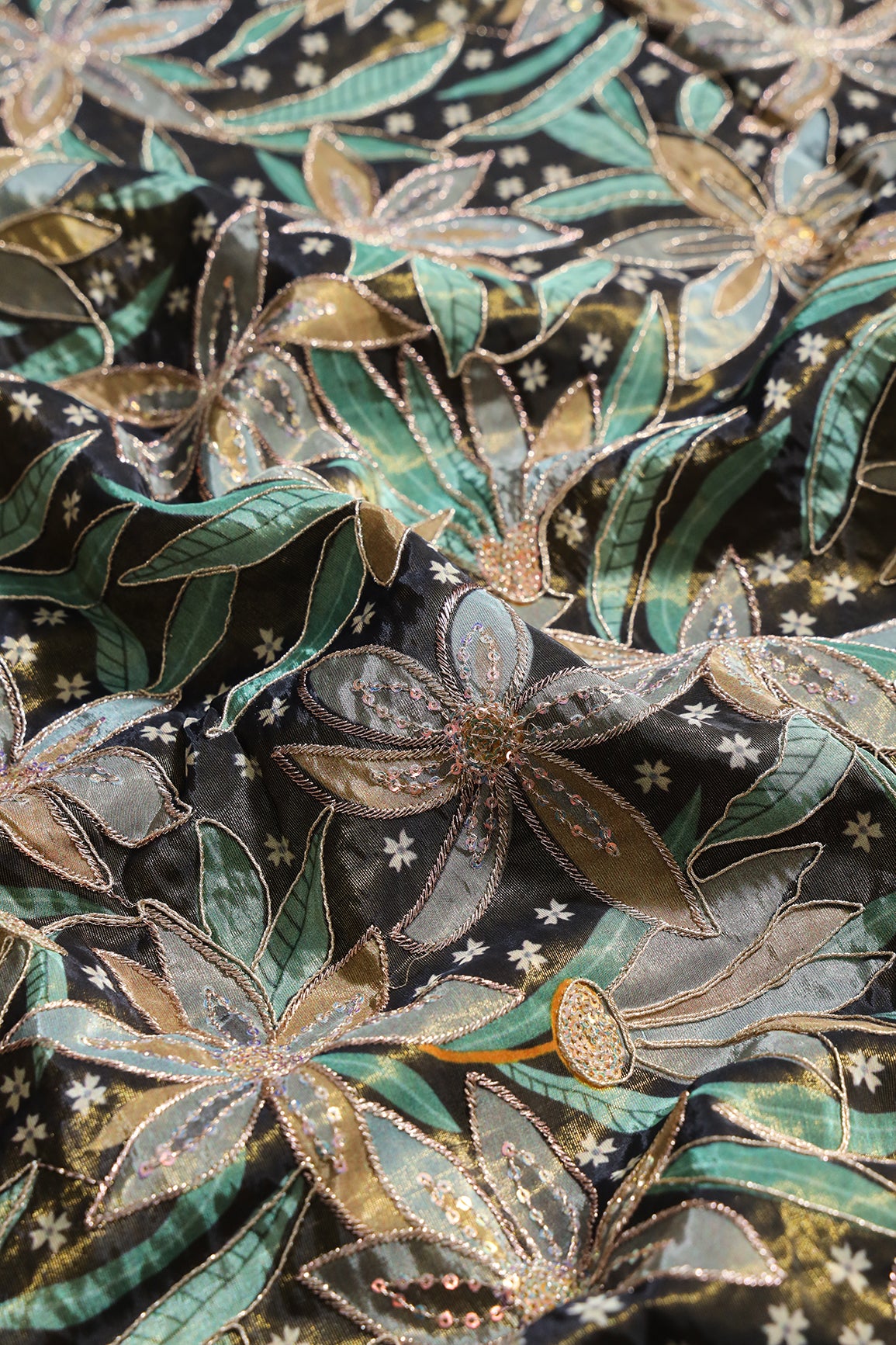 Floral Position Print On Sequins With Zari Embroidery On Mehndi Green Viscose Zari Tissue Fabric