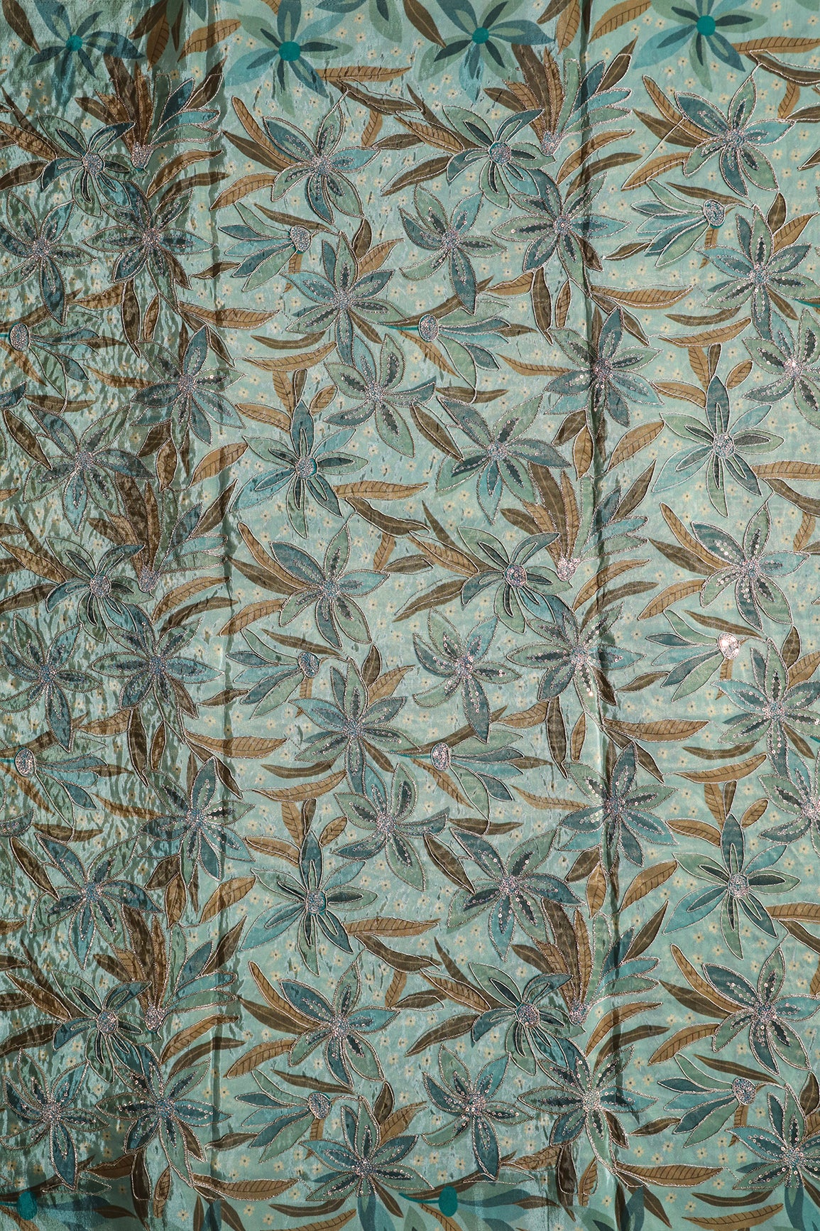 Floral Position Print On Sequins With Zari Embroidery On Pastel Olive Viscose Zari Tissue Fabric