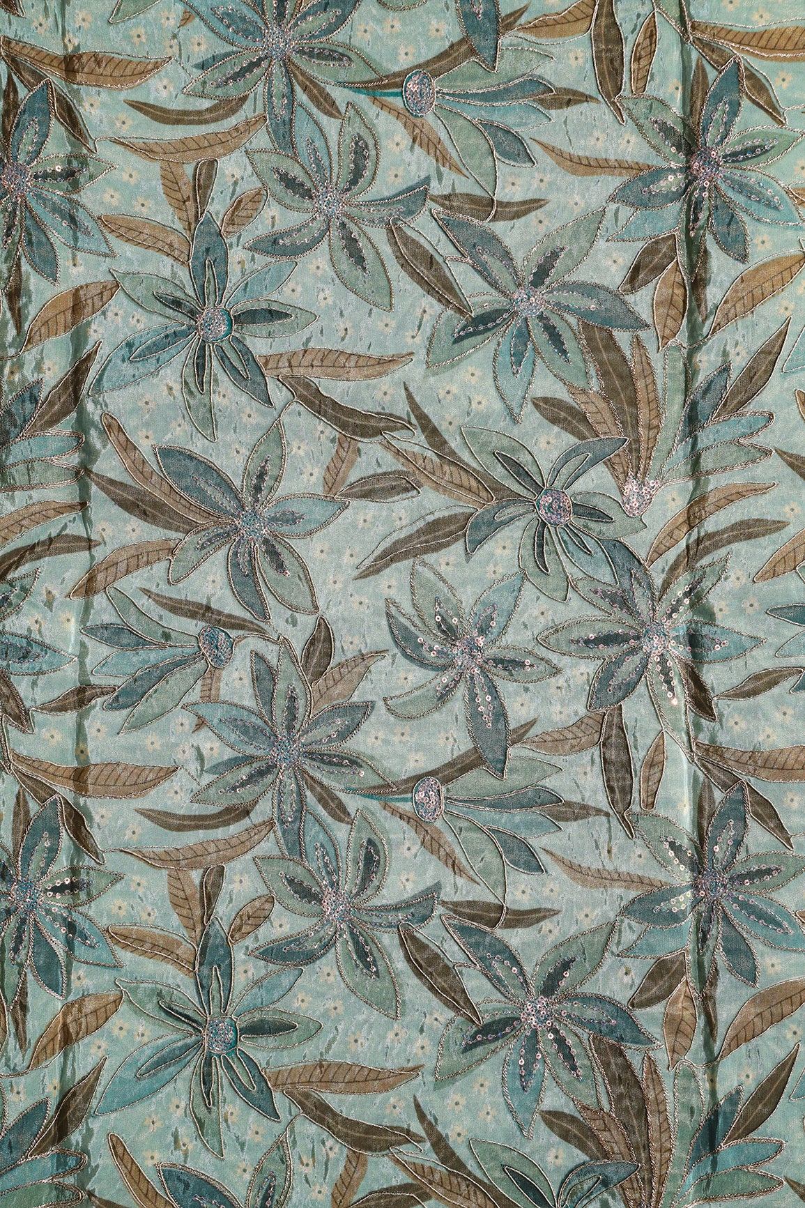 Floral Position Print On Sequins With Zari Embroidery On Pastel Olive Viscose Zari Tissue Fabric
