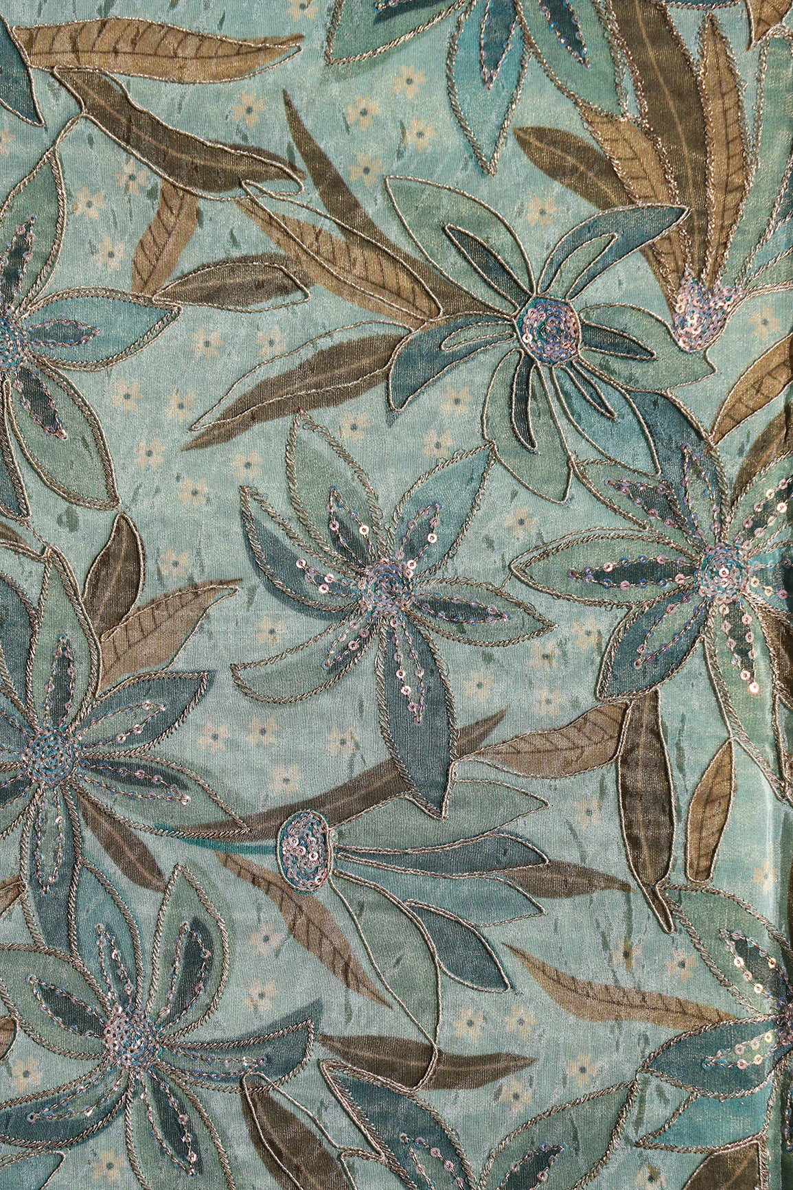 Floral Position Print On Sequins With Zari Embroidery On Pastel Olive Viscose Zari Tissue Fabric