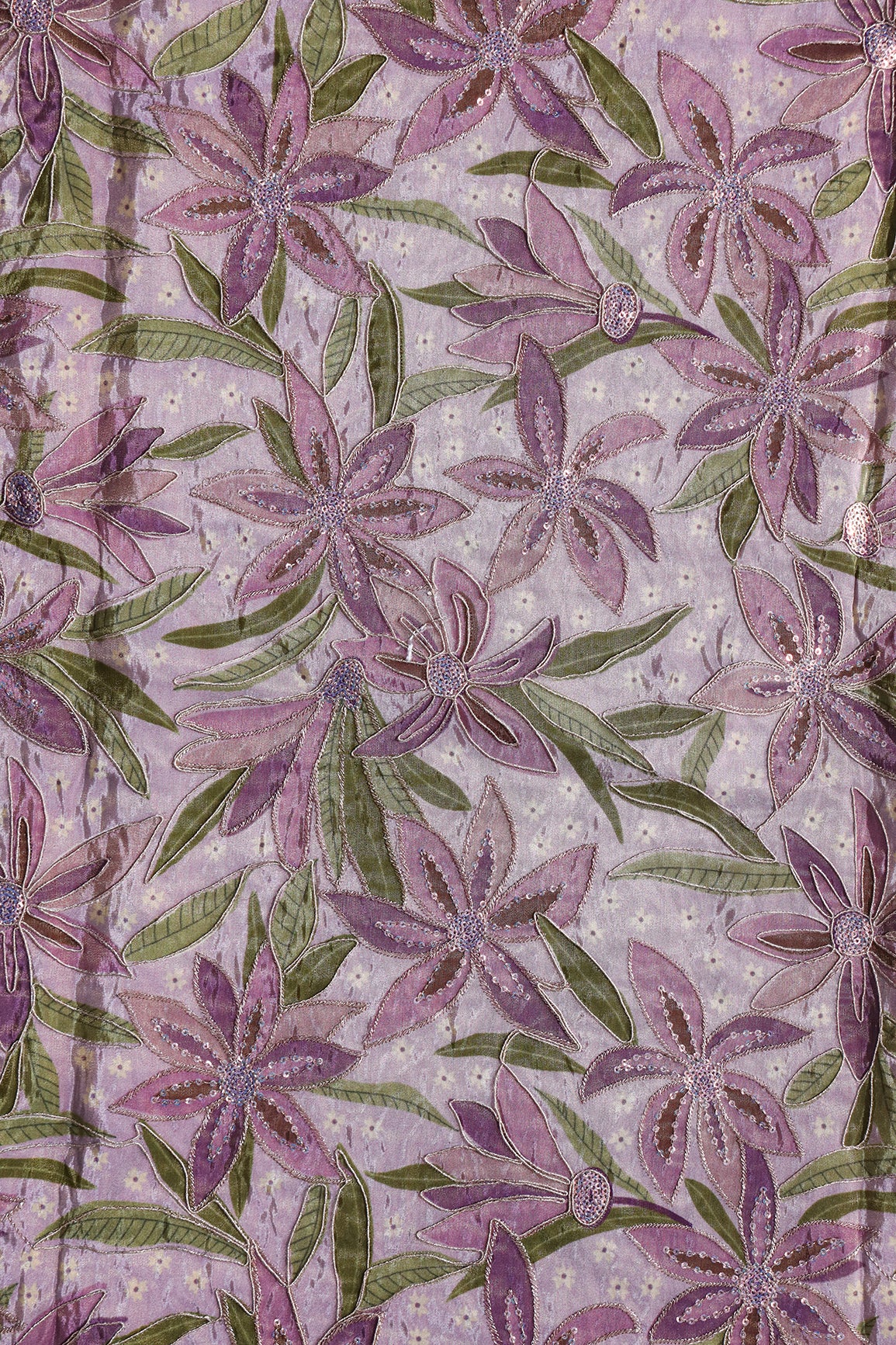 Floral Position Print On Sequins With Zari Embroidery On Lavender Viscose Zari Tissue Fabric