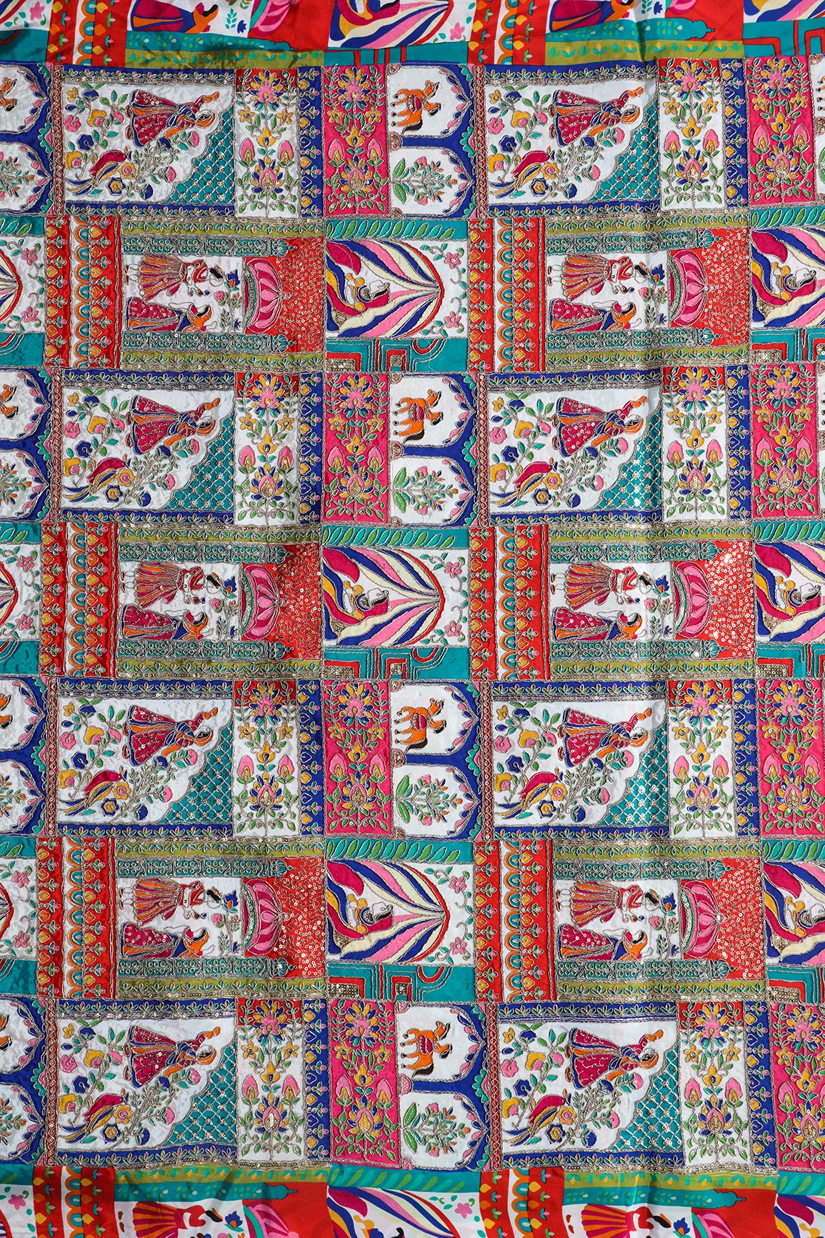 Positional Print with Zari And Sequins Traditional Embroidery On White Crepe Fabric