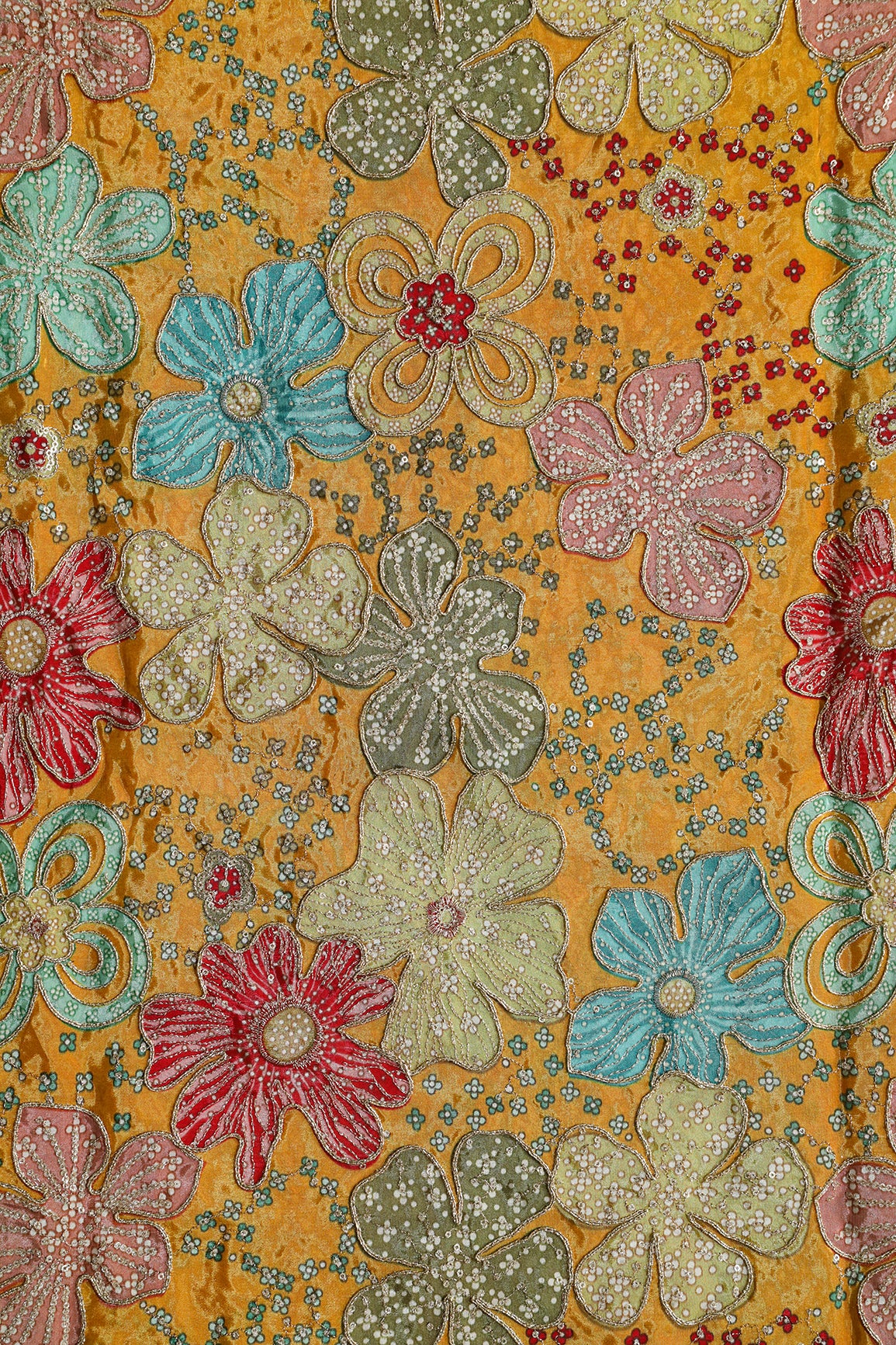 Floral Position Print On Sequins With Zari Embroidery On Mustard Yellow Viscose Zari Tissue Fabric