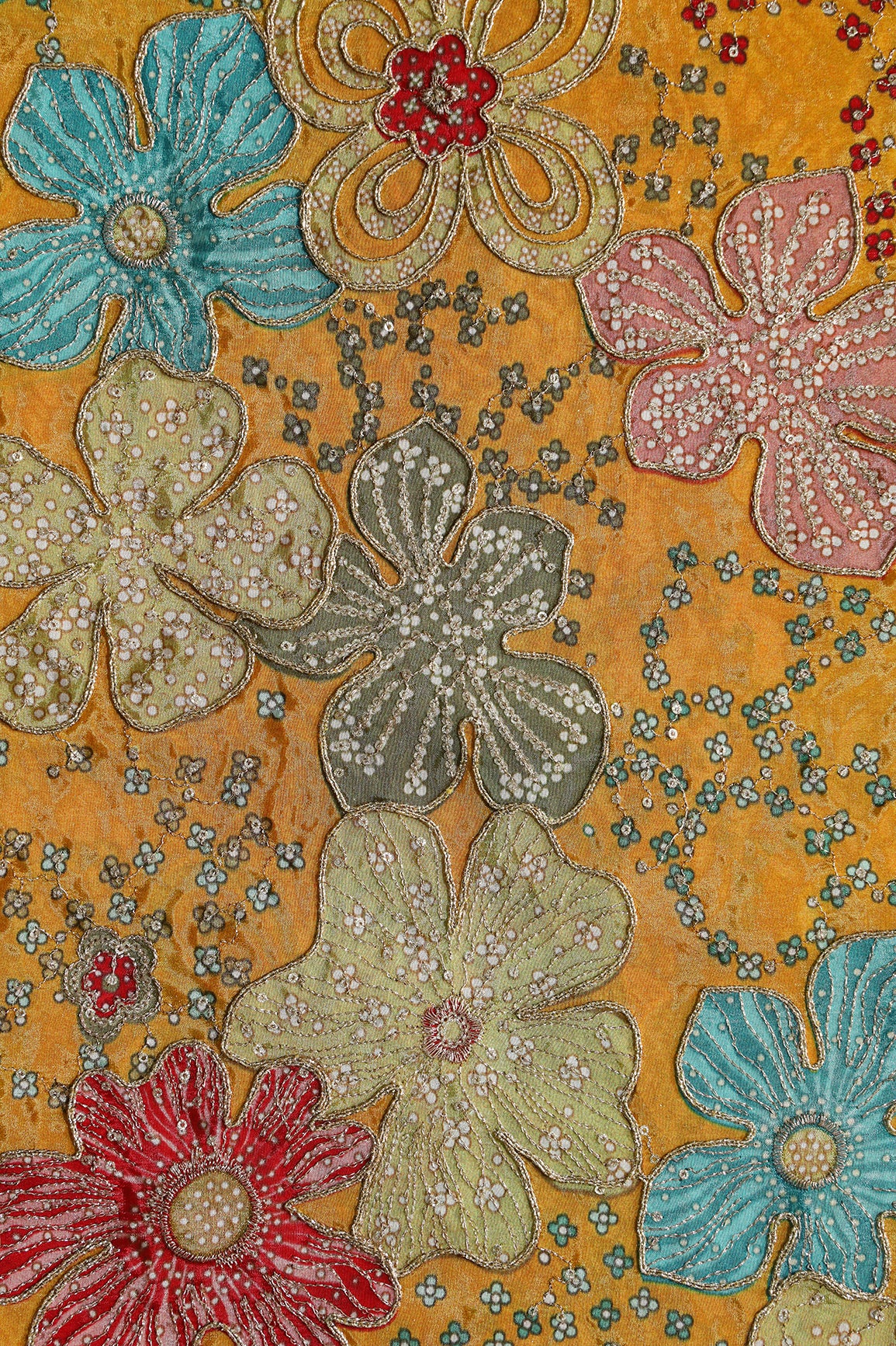 Floral Position Print On Sequins With Zari Embroidery On Mustard Yellow Viscose Zari Tissue Fabric