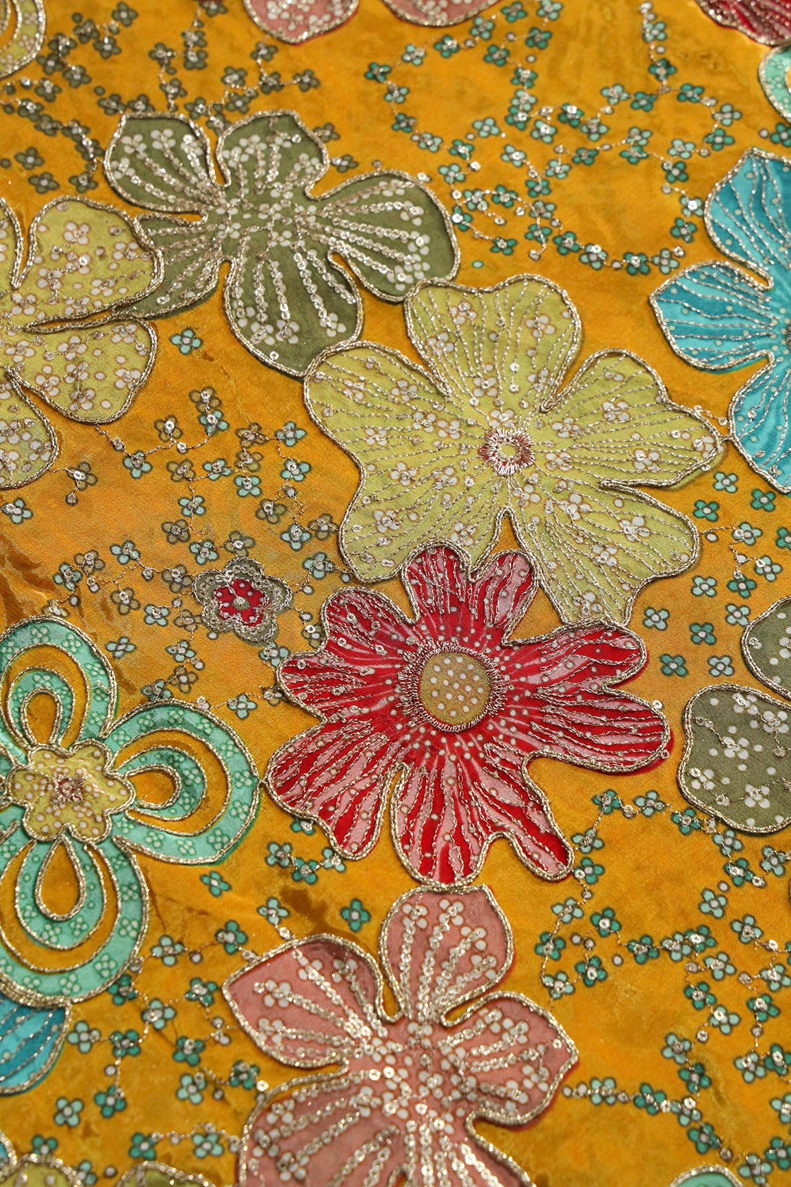 Floral Position Print On Sequins With Zari Embroidery On Mustard Yellow Viscose Zari Tissue Fabric
