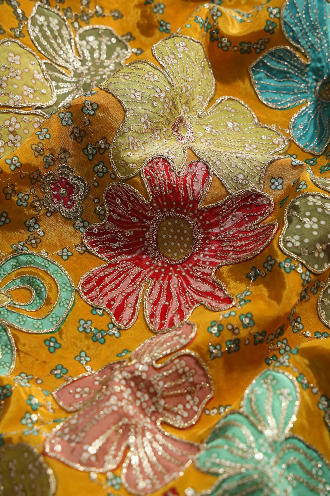 Floral Position Print On Sequins With Zari Embroidery On Mustard Yellow Viscose Zari Tissue Fabric