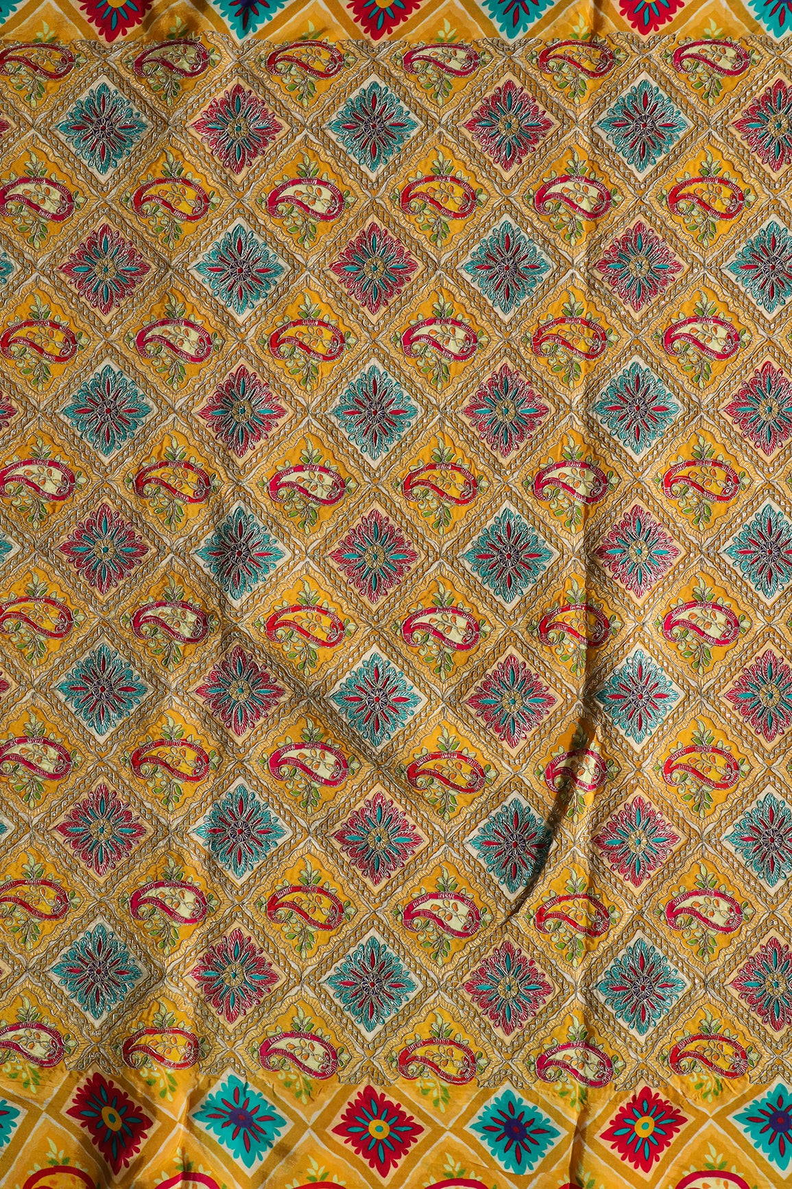 Heavy Gold Zari With Sequins Traditional Embroidery On Positional Print Yellow Crepe Fabric