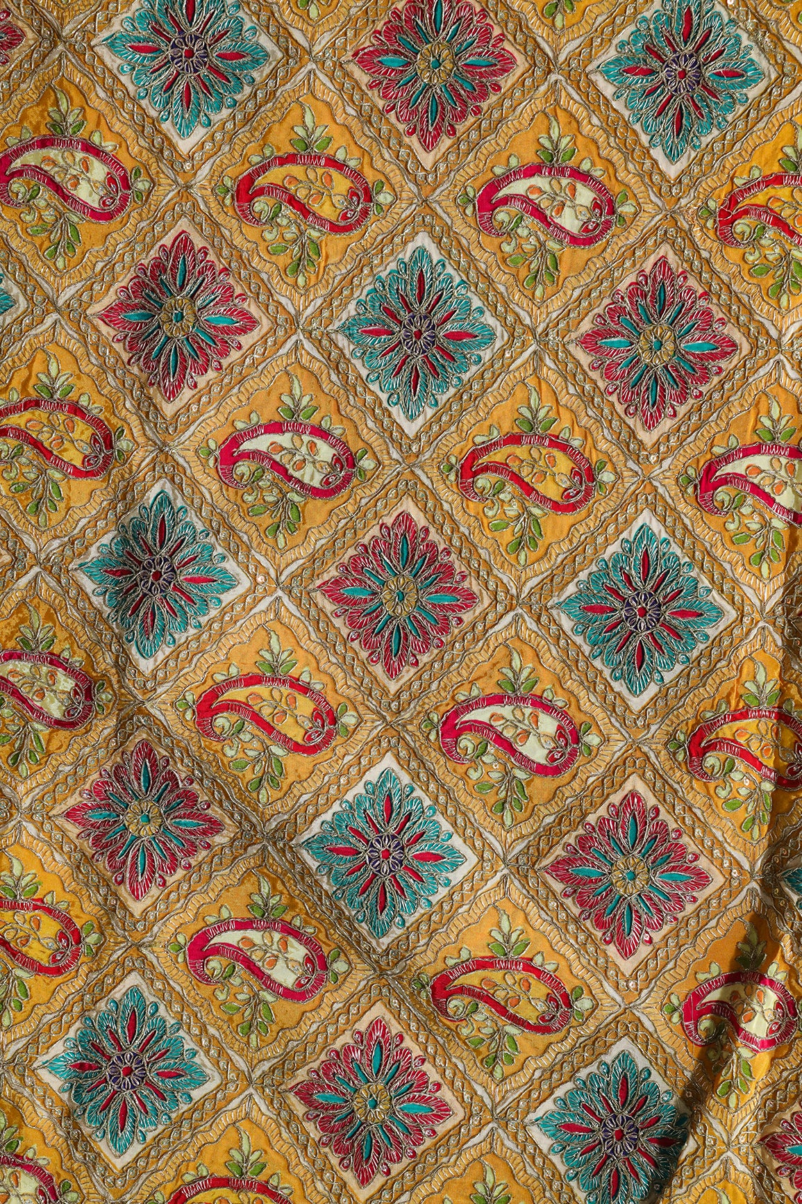 Heavy Gold Zari With Sequins Traditional Embroidery On Positional Print Yellow Crepe Fabric