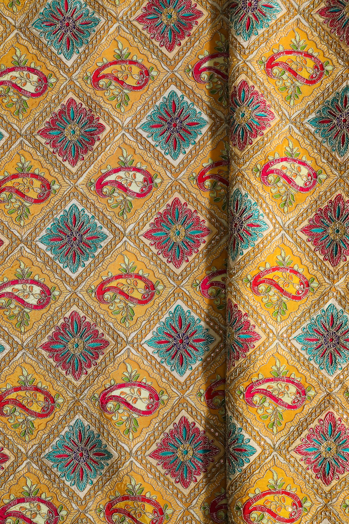 Heavy Gold Zari With Sequins Traditional Embroidery On Positional Print Yellow Crepe Fabric
