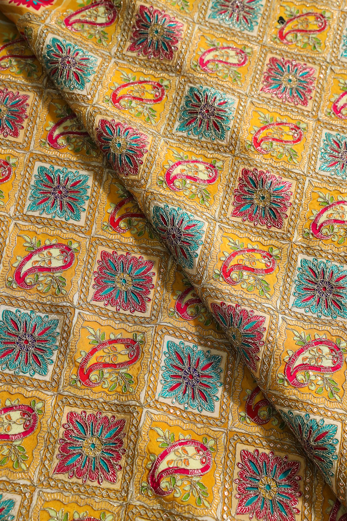 Heavy Gold Zari With Sequins Traditional Embroidery On Positional Print Yellow Crepe Fabric