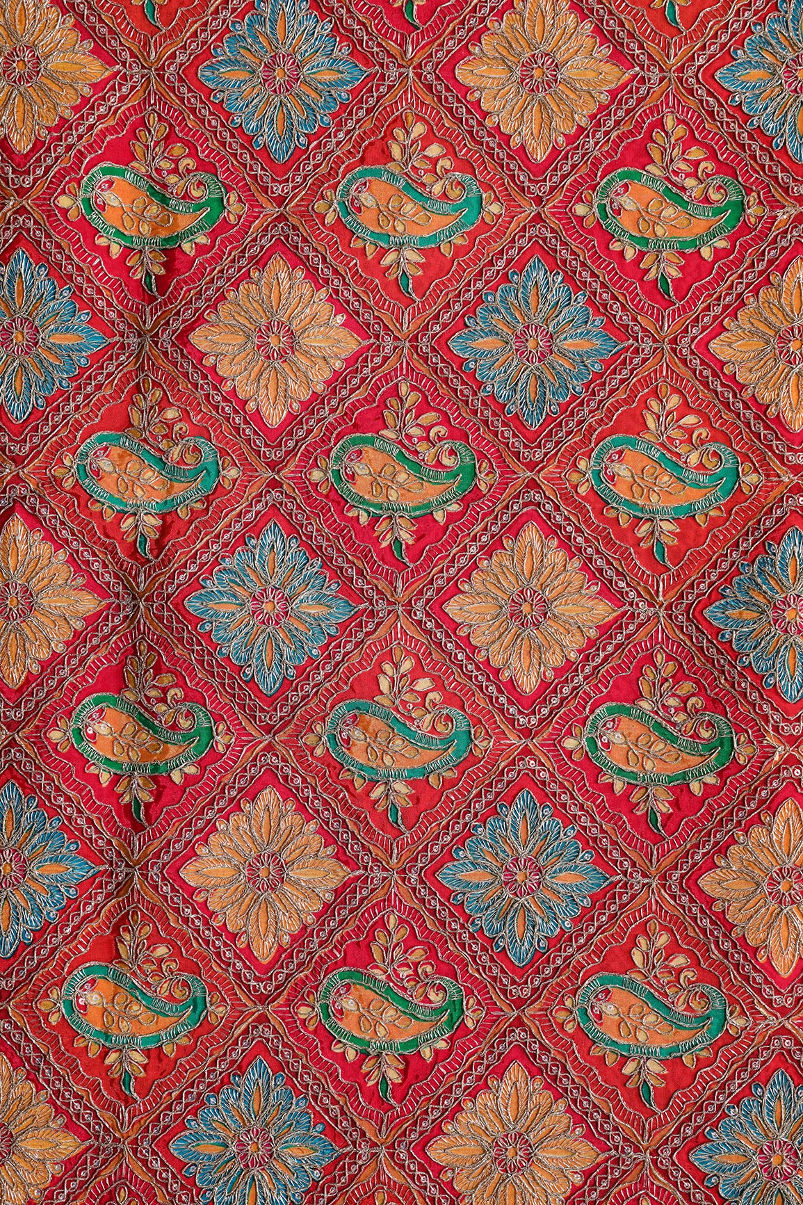 Positional Print With Sequins And Traditional Embroidery On Red And Rani Crepe Fabric