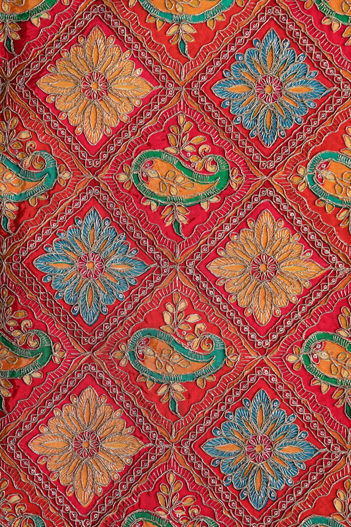 Positional Print With Sequins And Traditional Embroidery On Red And Rani Crepe Fabric