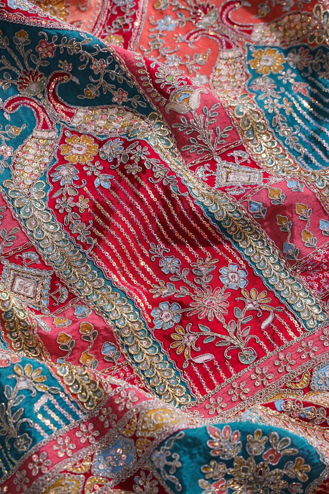 Big Width "48" Heavy Gold Zari With Sequins Floral Embroidery On Rani Pure Crepe Fabric