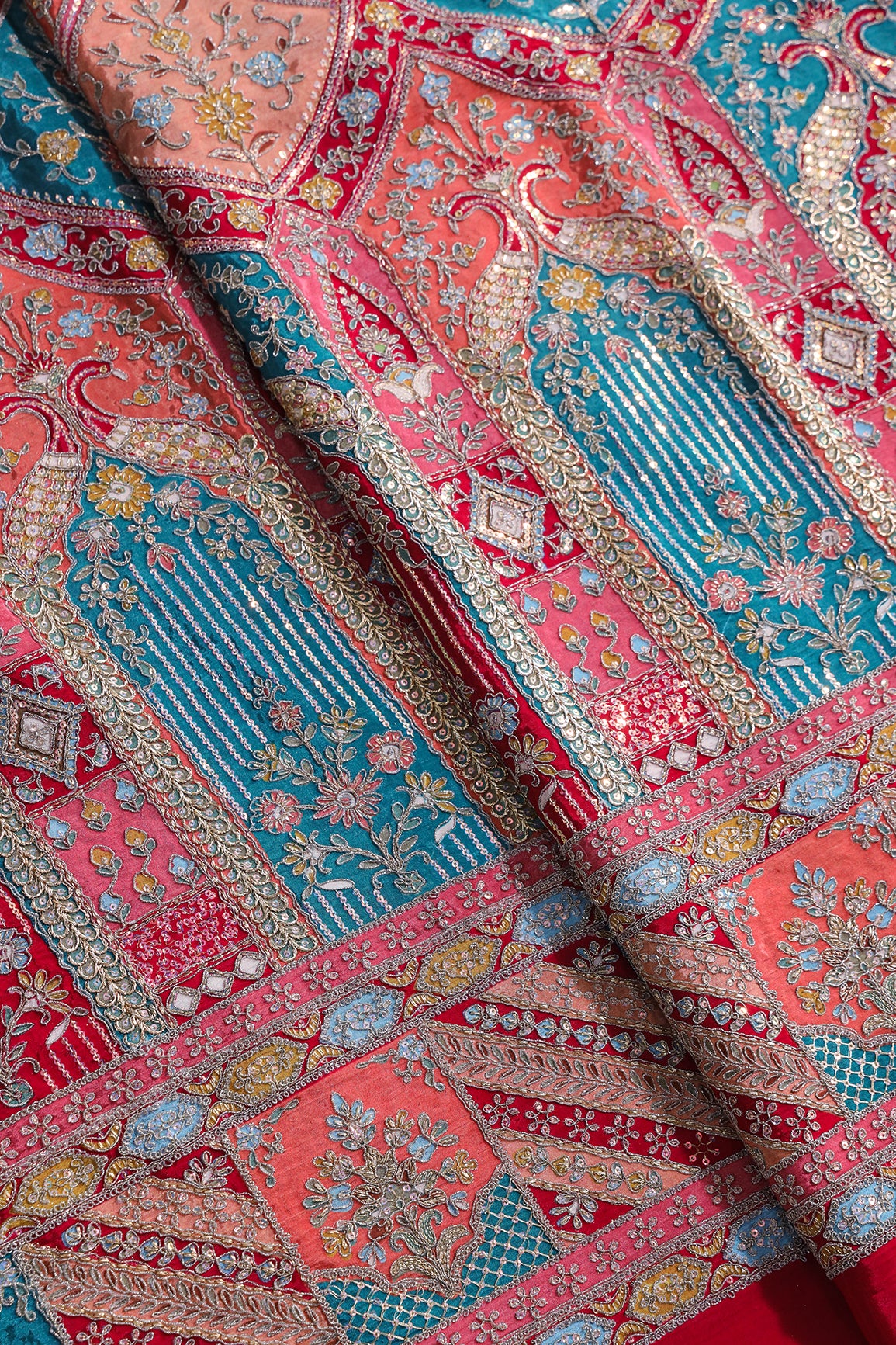 Big Width "48" Heavy Gold Zari With Sequins Floral Embroidery On Rani Pure Crepe Fabric