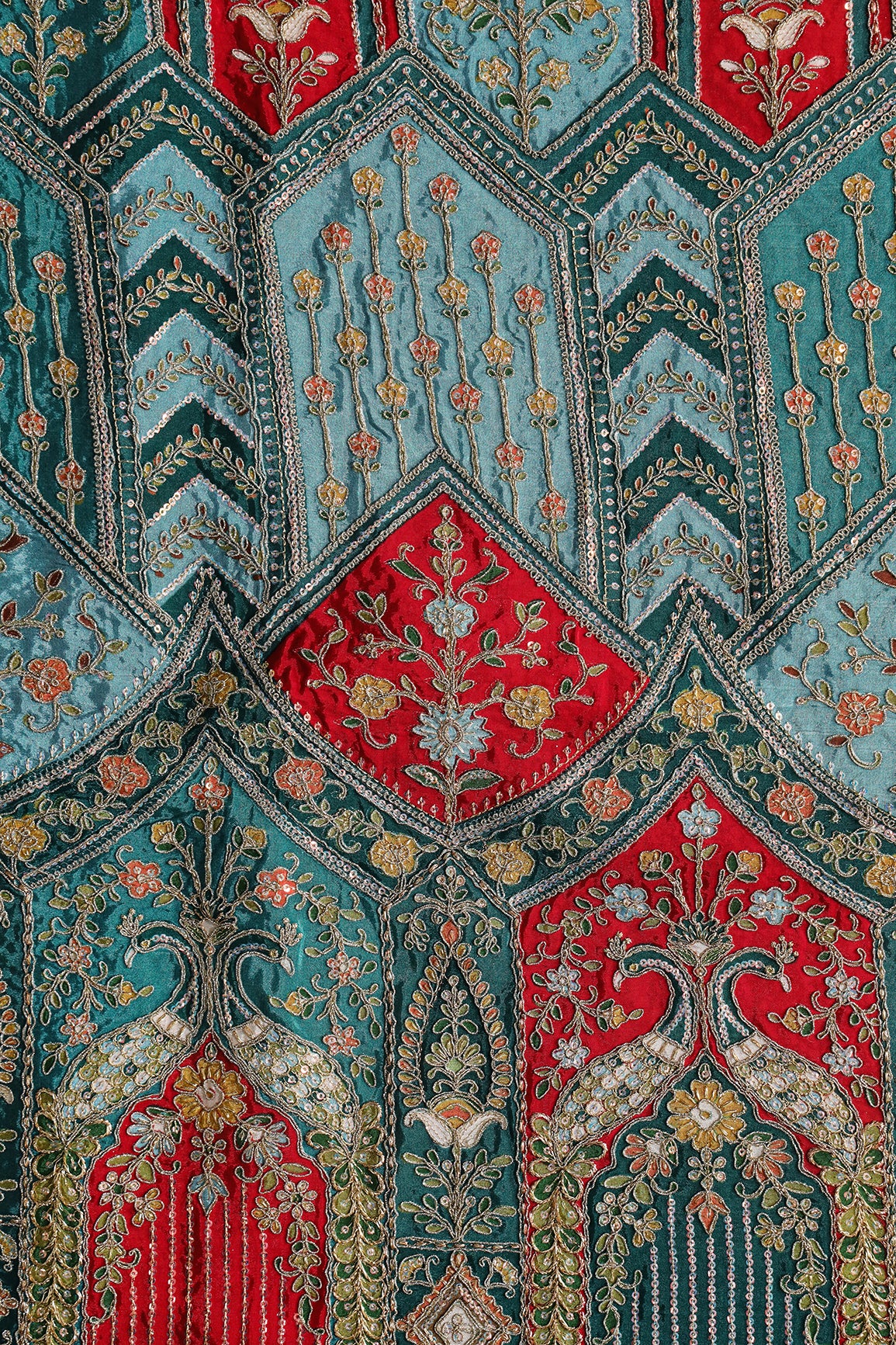 Big Width "48" Heavy Gold Zari With Sequins Floral Embroidery On Peacock Green Pure Crepe Fabric